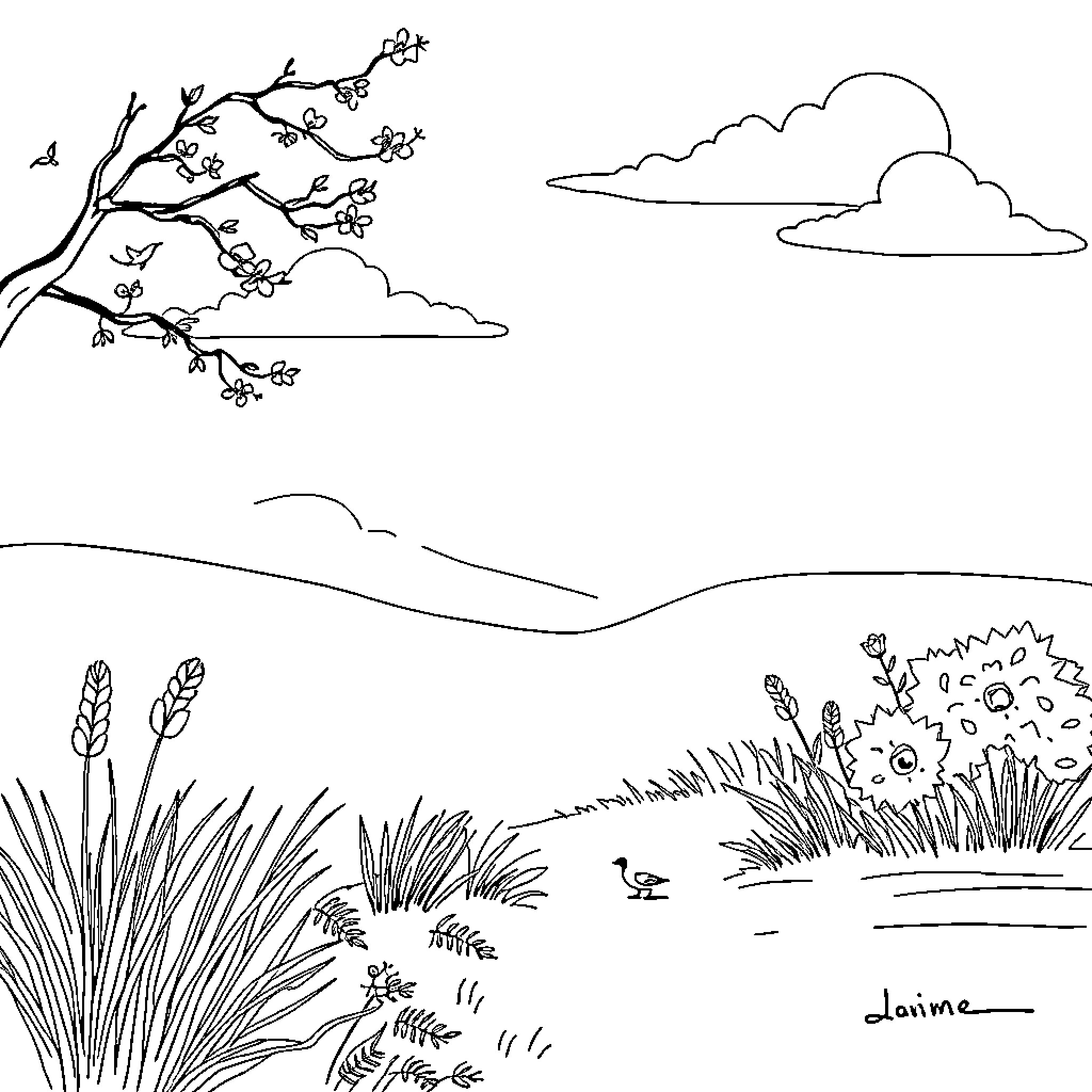 Peace in Nature's Tranquil Embrace Coloring Page (free black-and-white line drawing printable PDF for all, from beginners to advanced learners, including children, teens, adults, and seniors)