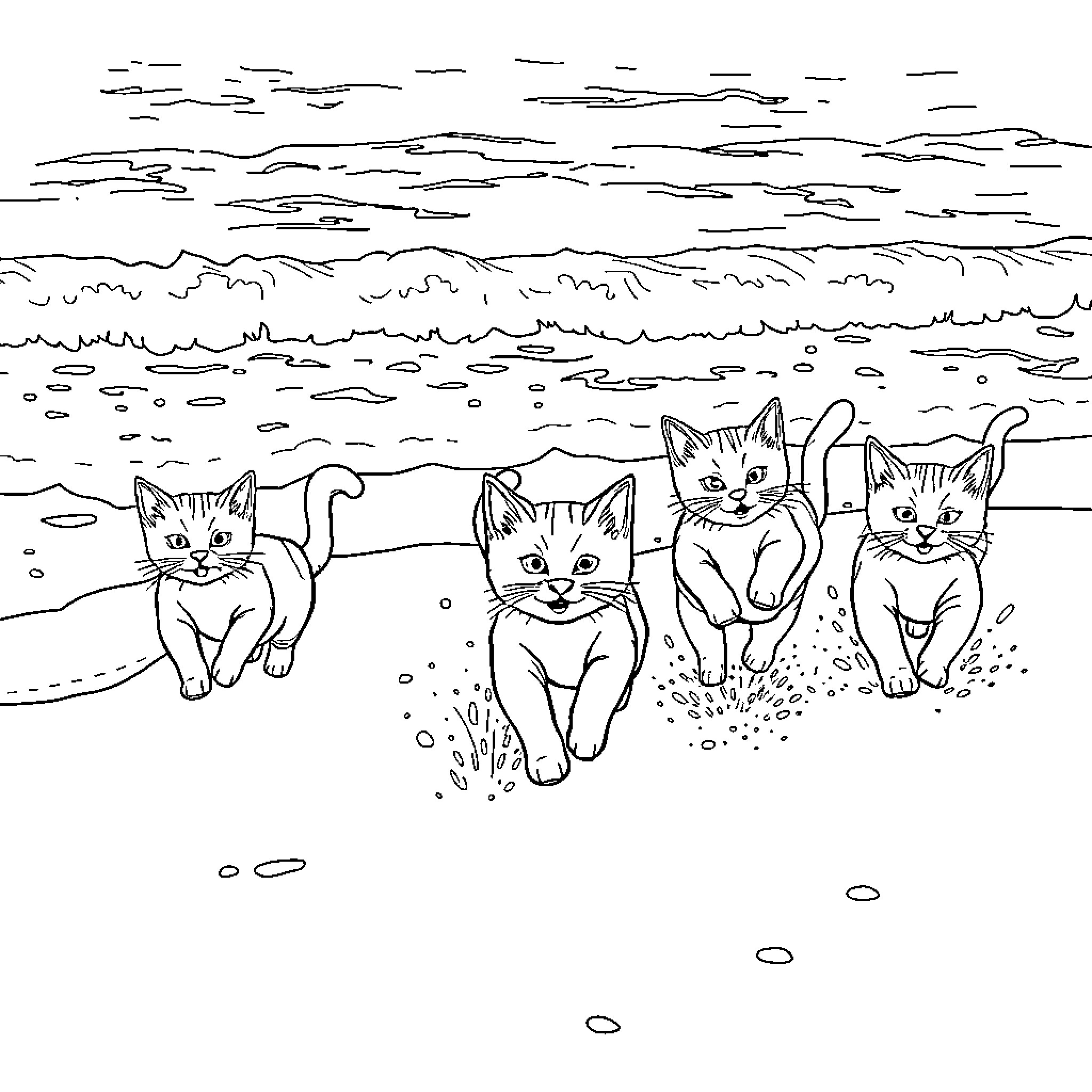 Cats playing joyfully on the beach Coloring Page (free black-and-white line drawing printable PDF for all, from beginners to advanced learners, including children, teens, adults, and seniors)