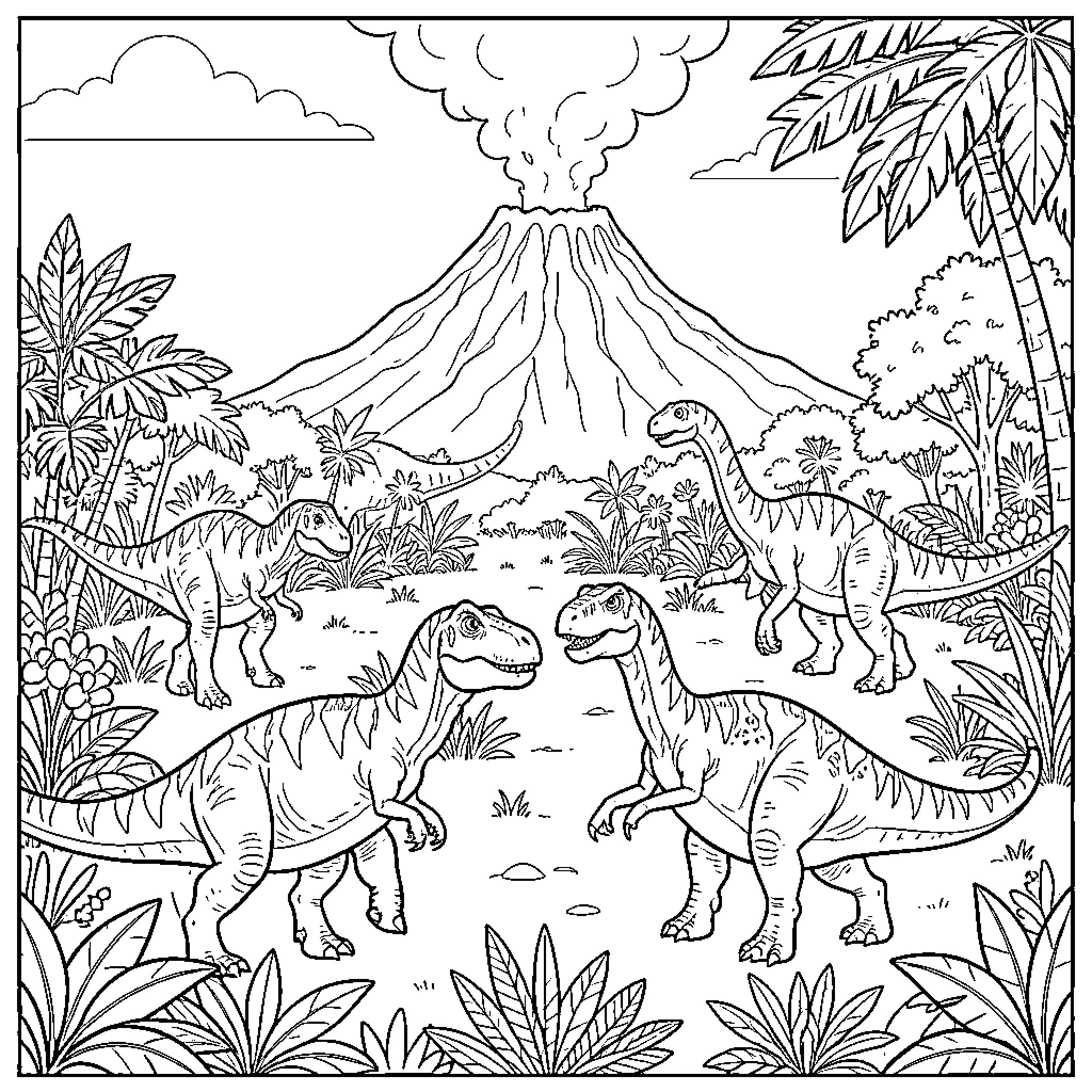 Dinosaur gathering near an active volcano in the jungle Coloring Page (free black-and-white line drawing printable PDF for all, from beginners to advanced learners, including children, teens, adults, and seniors)
