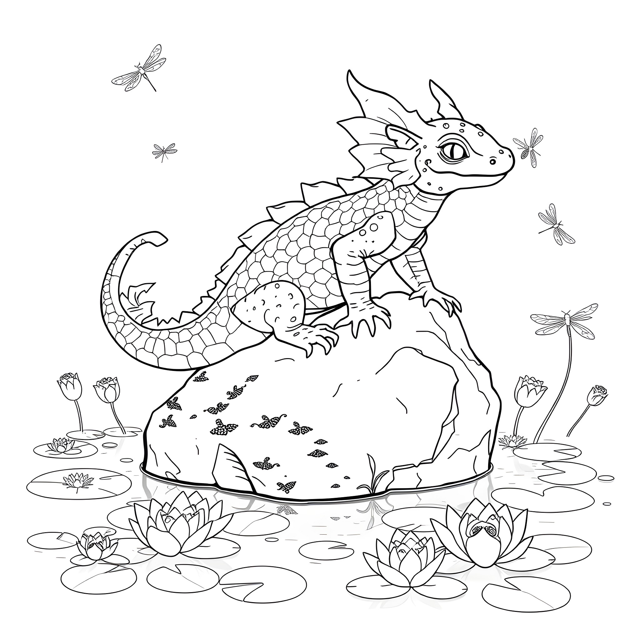Axolotl surrounded by dragonflies and water lilies Coloring Page (free black-and-white line drawing printable PDF for all, from beginners to advanced learners, including children, teens, adults, and seniors)