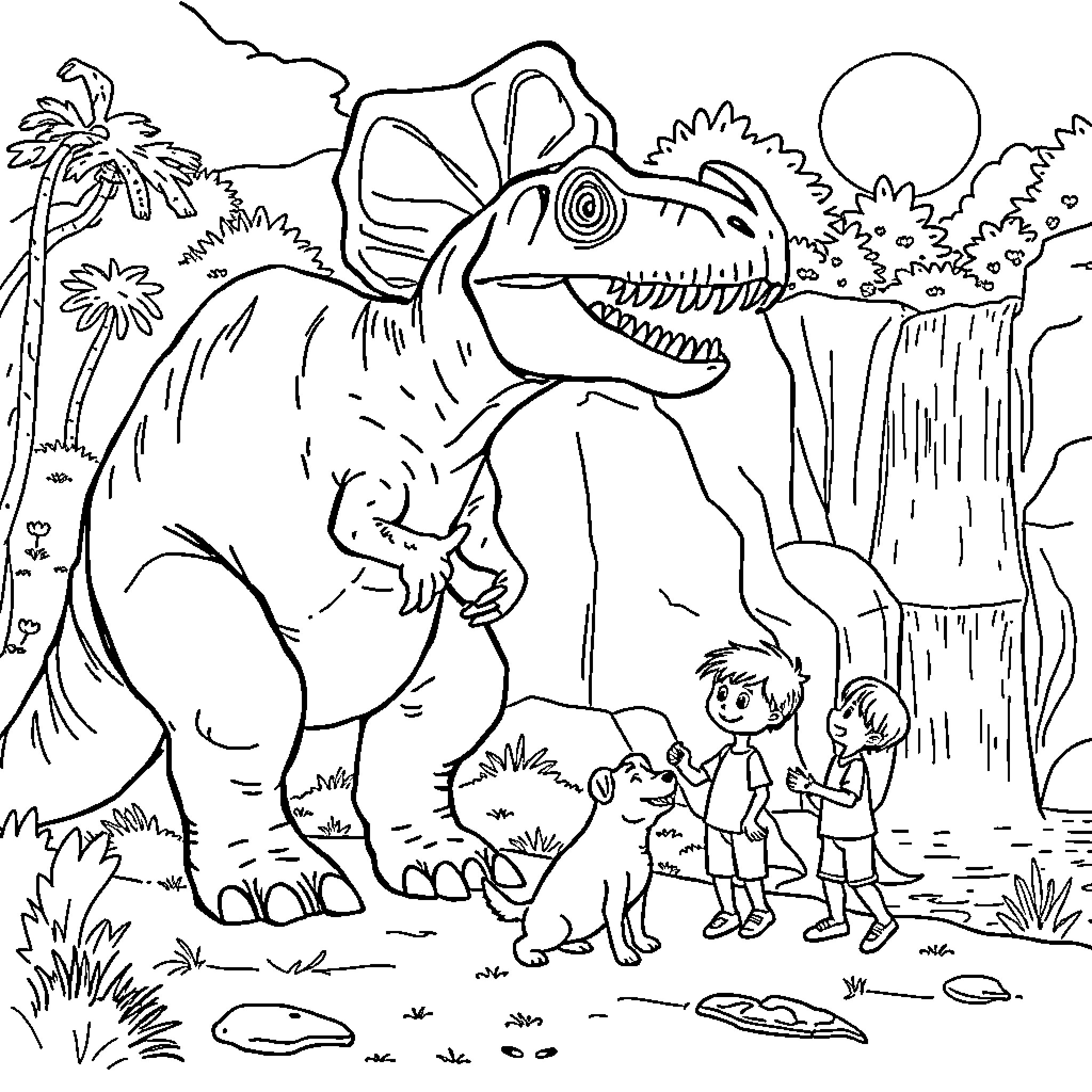 Triceratops interacting with children and pets in the wild Coloring Page (free black-and-white line drawing printable PDF for all, from beginners to advanced learners, including children, teens, adults, and seniors)