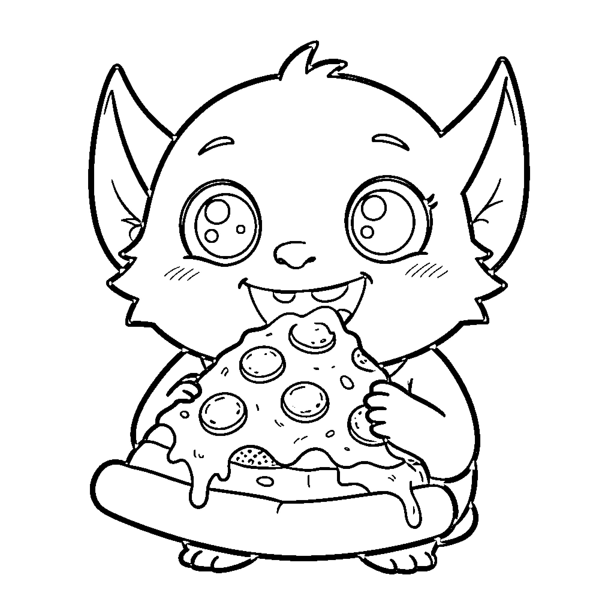 Monster happily eating pizza with large eyes Coloring Page (free black-and-white line drawing printable PDF for all, from beginners to advanced learners, including children, teens, adults, and seniors)