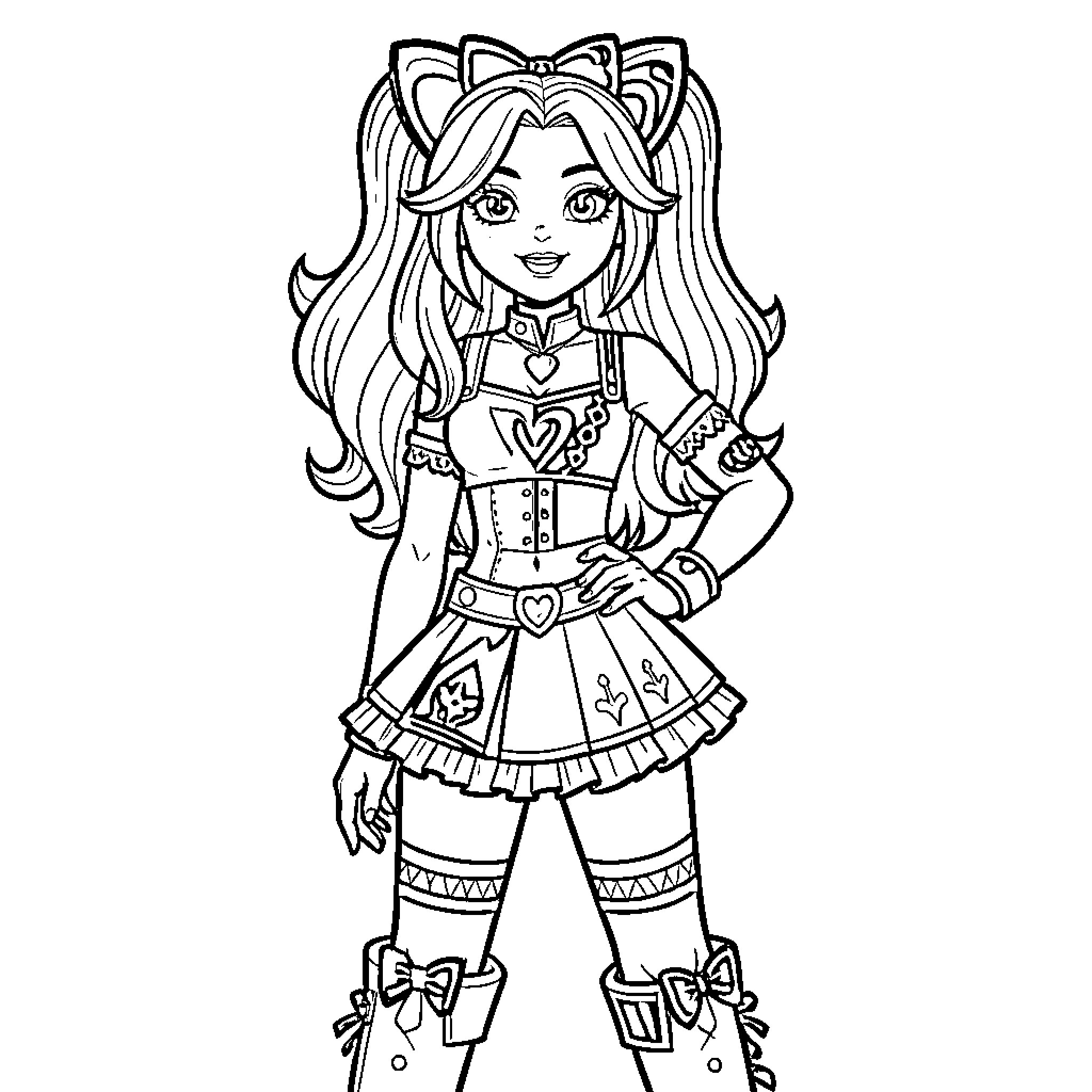 Lara Raj posing in a cute heart-themed outfit Coloring Page (free black-and-white line drawing printable PDF for all, from beginners to advanced learners, including children, teens, adults, and seniors)