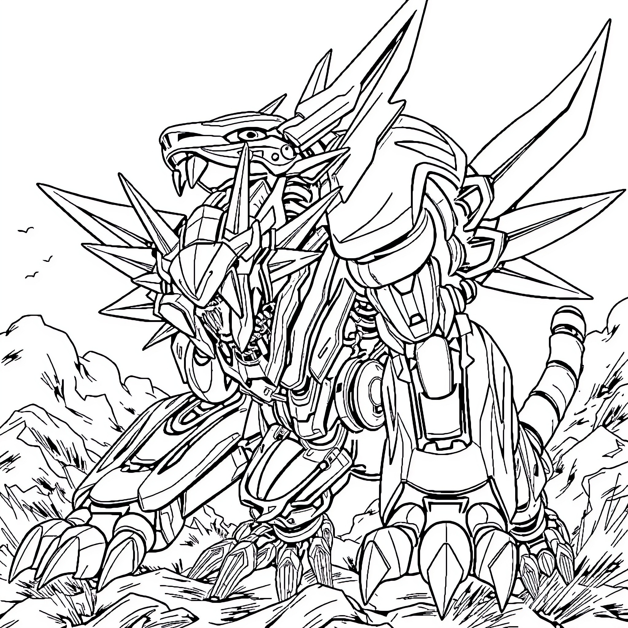 Blade Liger fighting with menacing mechanical creature Coloring Page (free black-and-white line drawing printable PDF for all, from beginners to advanced learners, including children, teens, adults, and seniors)