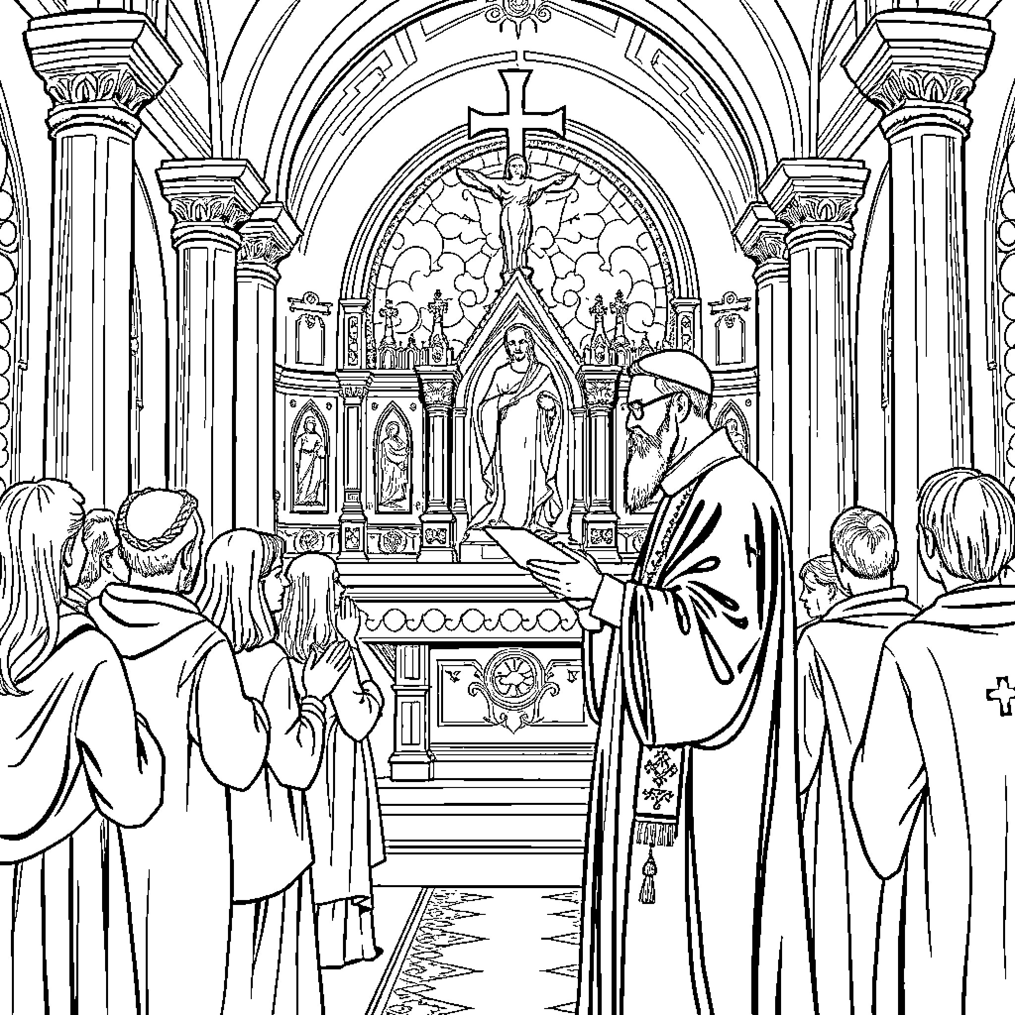 Priest leading religious service in ornate church Coloring Page (free black-and-white line drawing printable PDF for all, from beginners to advanced learners, including children, teens, adults, and seniors)