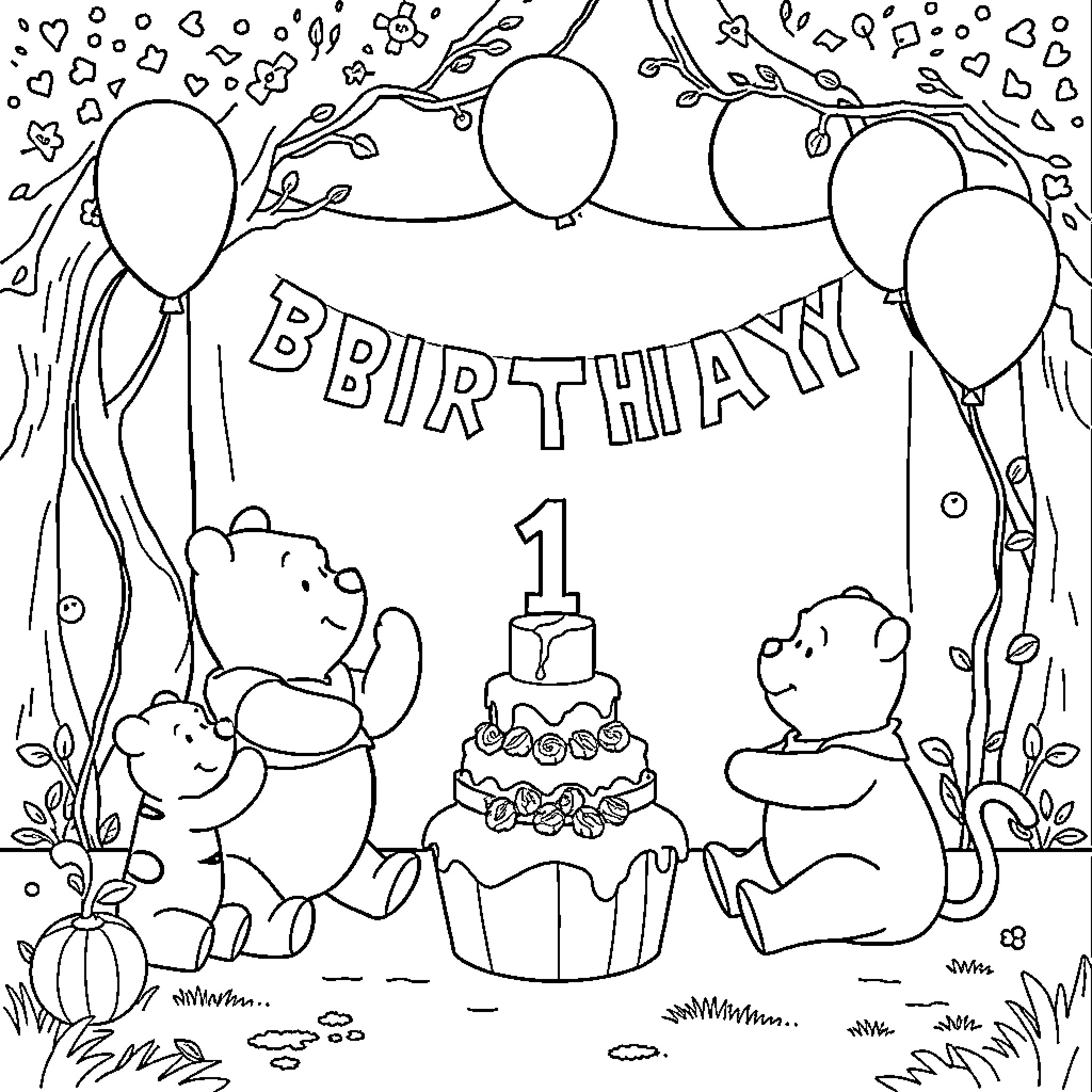 Winnie The Pooh celebrates first birthday with friends Coloring Page (free black-and-white line drawing printable PDF for all, from beginners to advanced learners, including children, teens, adults, and seniors)
