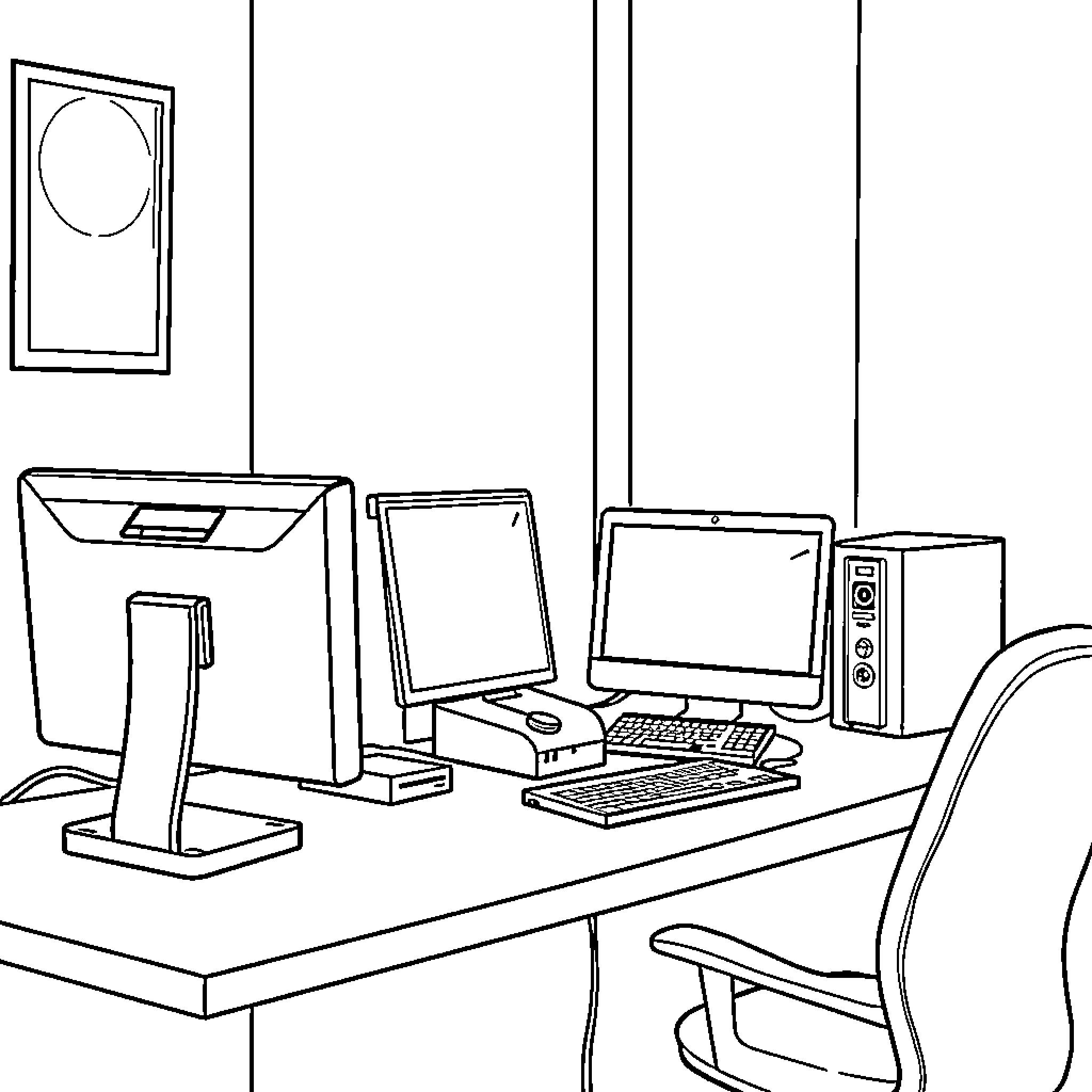 Computer workstation with various devices Coloring Page (free black-and-white line drawing printable PDF for all, from beginners to advanced learners, including children, teens, adults, and seniors)
