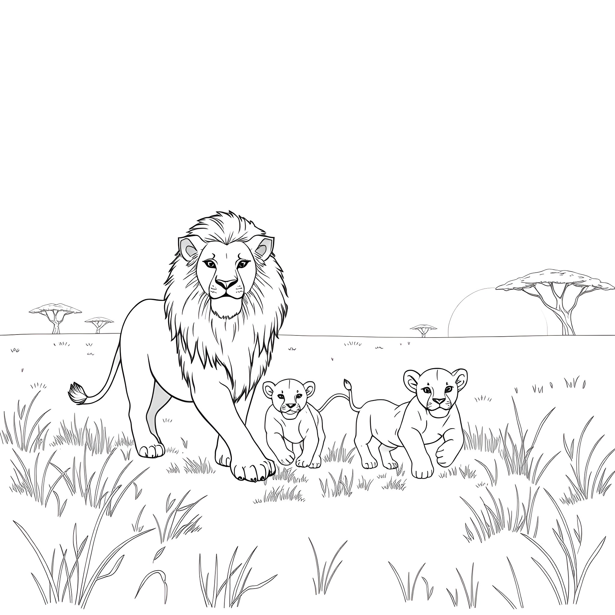 Lion family in the African savannah Coloring Page (free black-and-white line drawing printable PDF for all, from beginners to advanced learners, including children, teens, adults, and seniors)