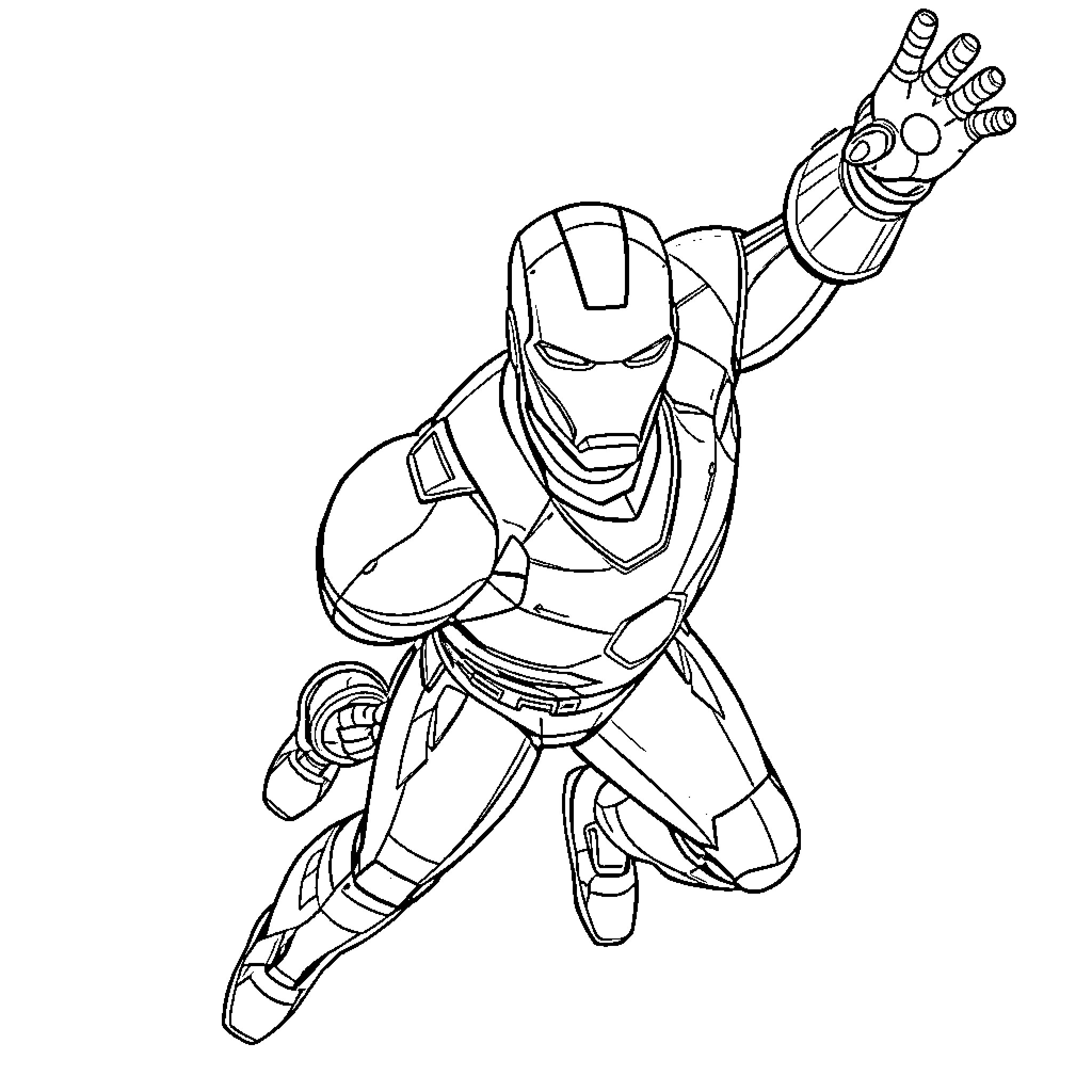 Iron Man in action-packed pose Coloring Page (free black-and-white line drawing printable PDF for all, from beginners to advanced learners, including children, teens, adults, and seniors)