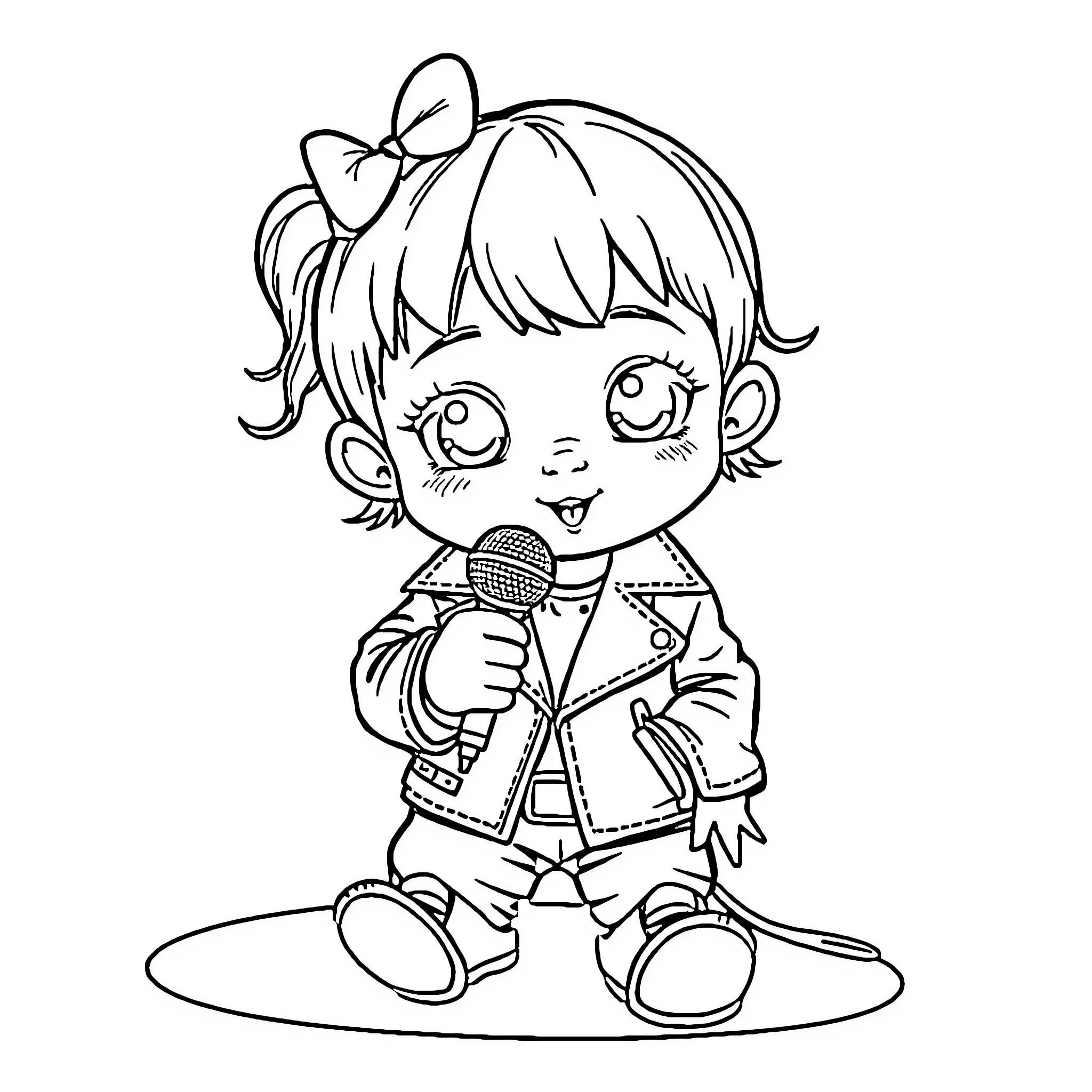 Baby Girl Singing Happily with Microphone Coloring Page (free black-and-white line drawing printable PDF for all, from beginners to advanced learners, including children, teens, adults, and seniors)