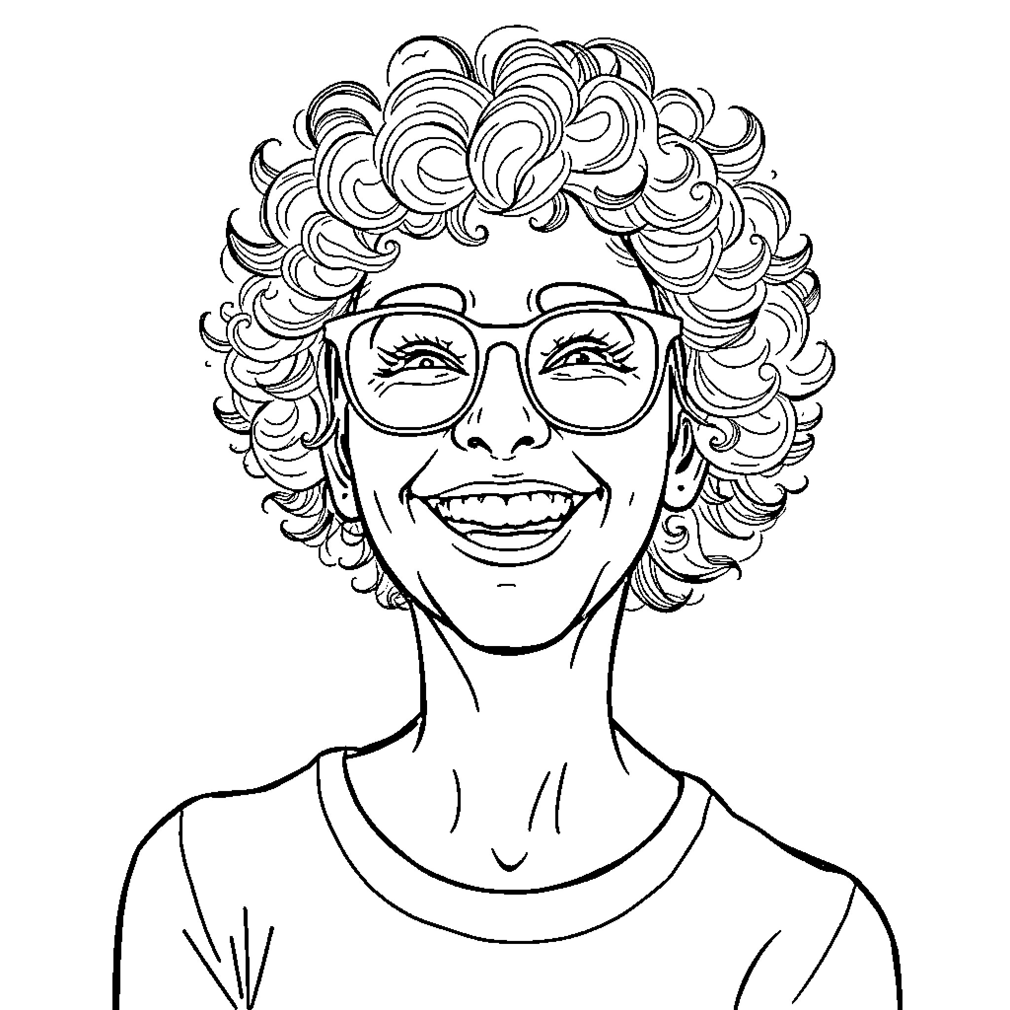 Woman with curly hair and glasses smiling cheerfully Coloring Page (free black-and-white line drawing printable PDF for all, from beginners to advanced learners, including children, teens, adults, and seniors)