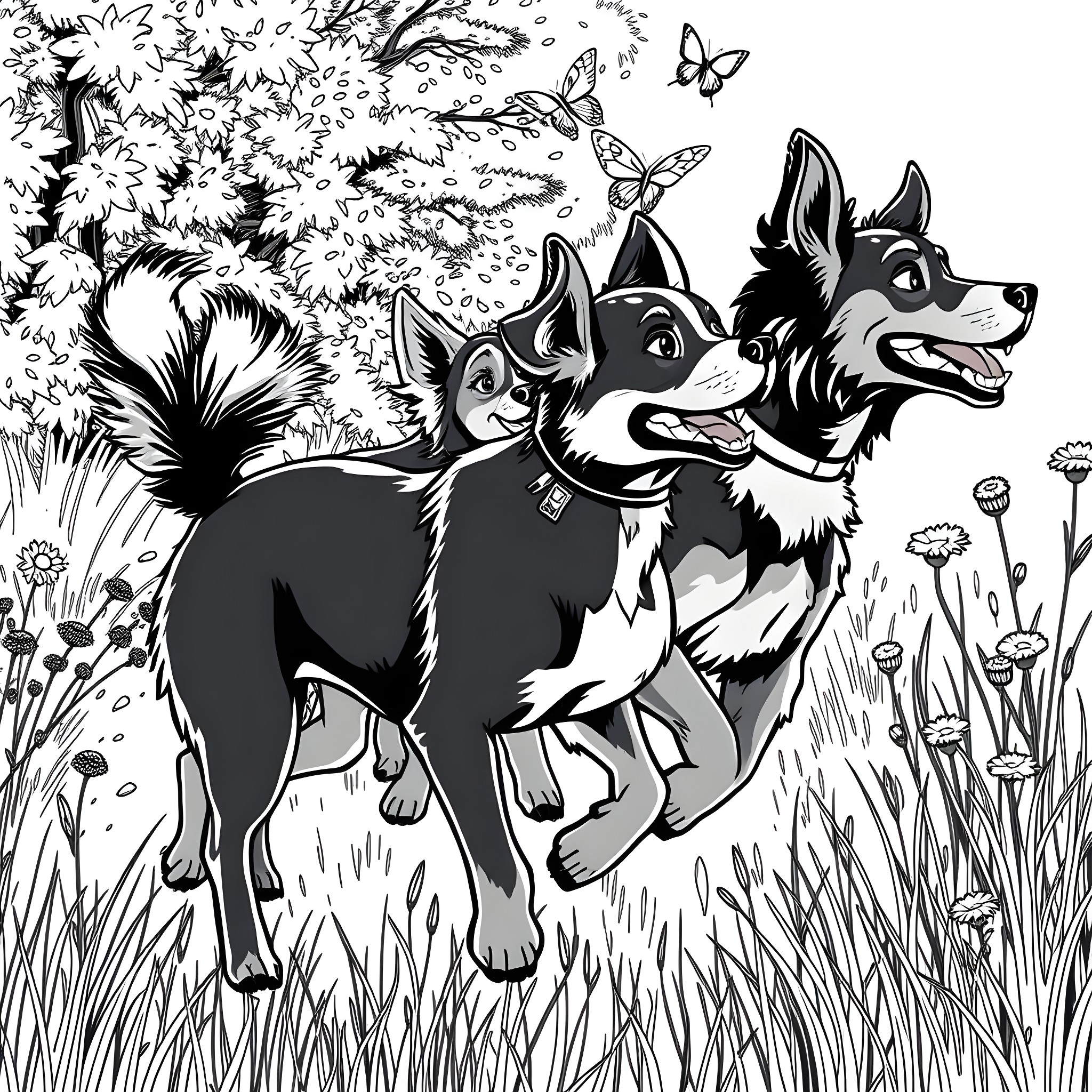 Dogs playing happily in the garden Coloring Page (free black-and-white line drawing printable PDF for all, from beginners to advanced learners, including children, teens, adults, and seniors)