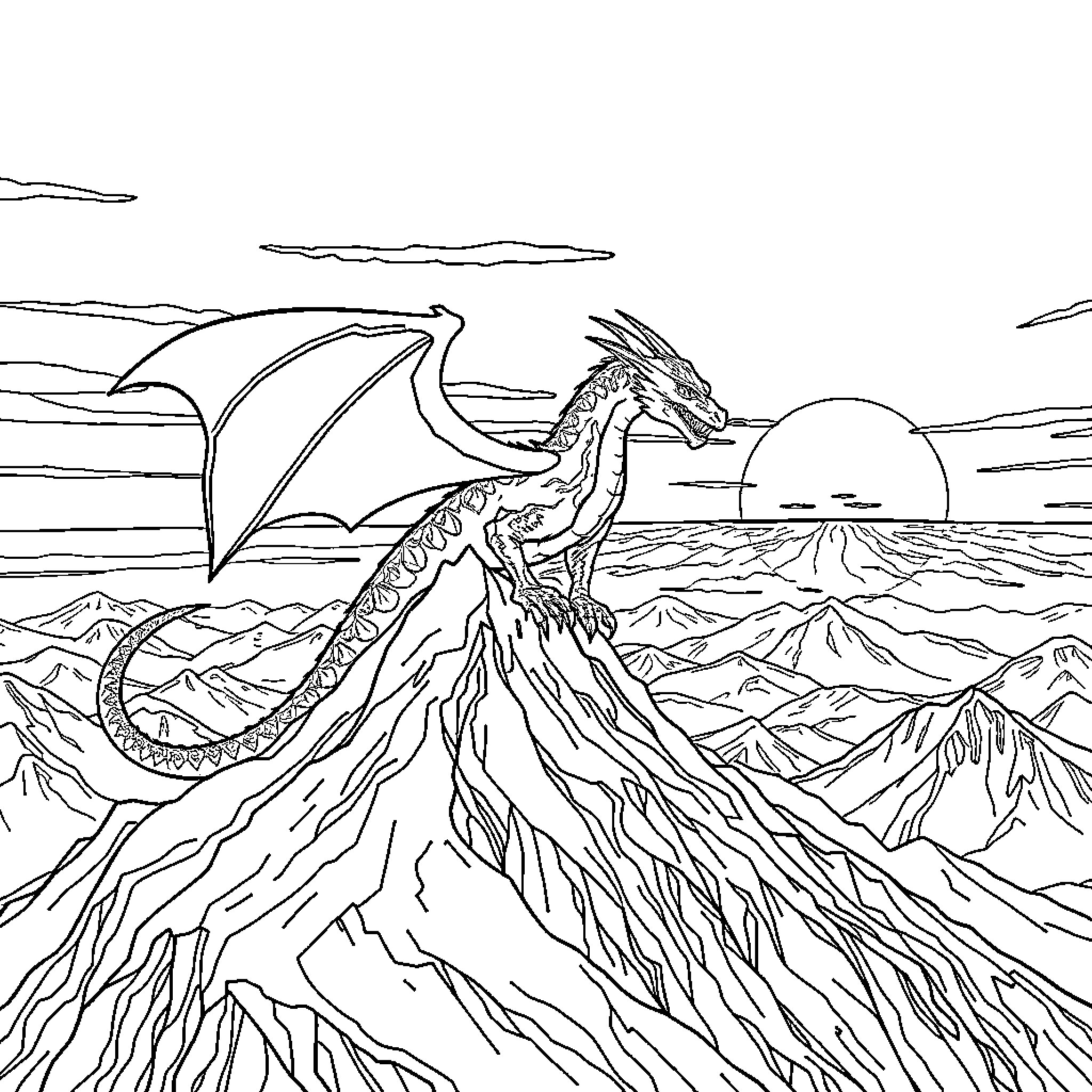 Dragon soaring over rugged mountain landscape Coloring Page (free black-and-white line drawing printable PDF for all, from beginners to advanced learners, including children, teens, adults, and seniors)