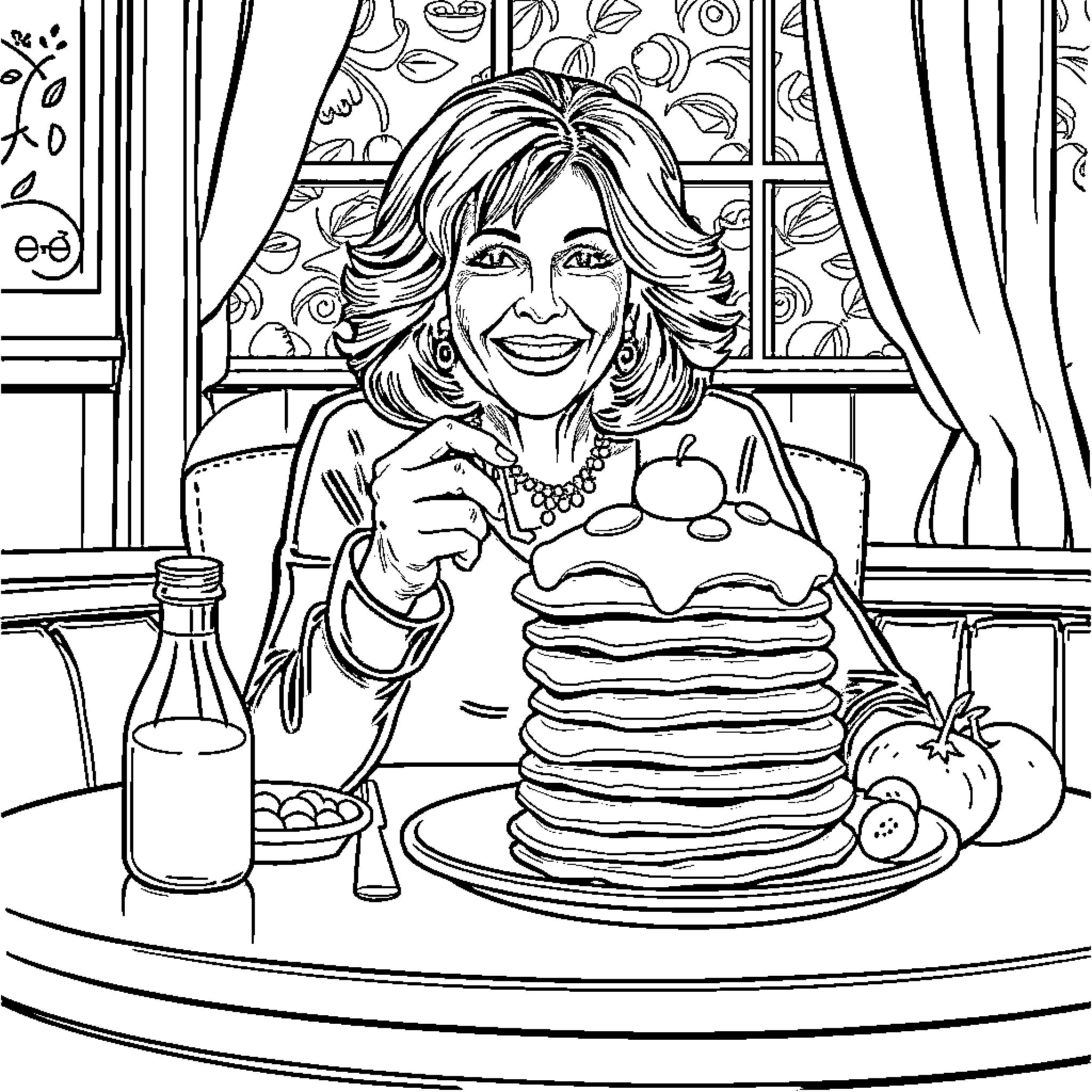 Barbra Streisand Enjoying a Hearty Breakfast Coloring Page (free black-and-white line drawing printable PDF for all, from beginners to advanced learners, including children, teens, adults, and seniors)