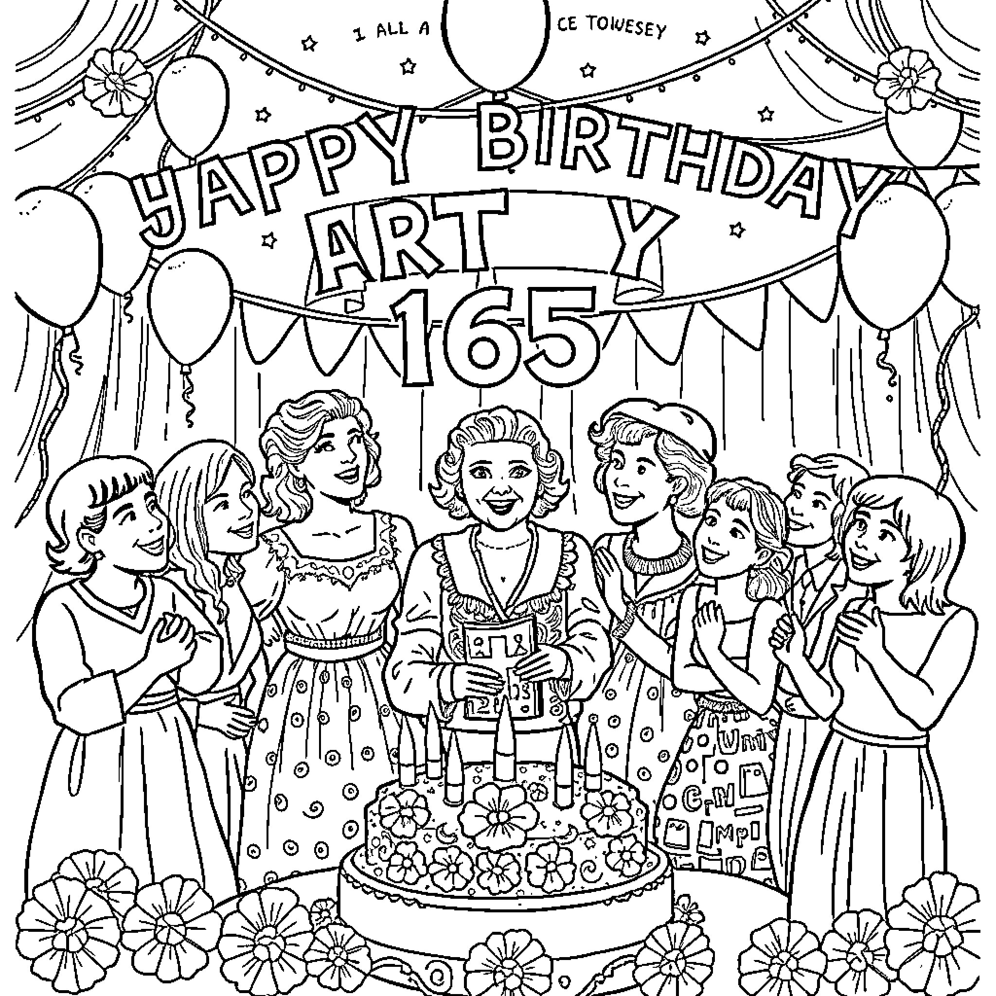 Juliette Gordon Lowe celebrating her 165th birthday with friends Coloring Page (free black-and-white line drawing printable PDF for all, from beginners to advanced learners, including children, teens, adults, and seniors)