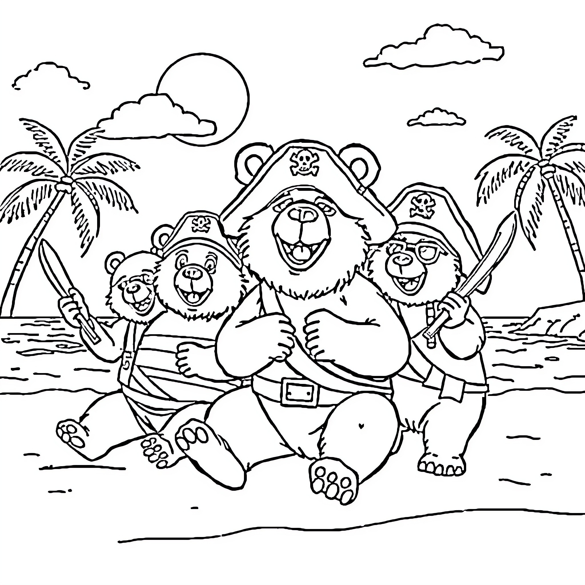 Bear pirates enjoying a day at the beach Coloring Page (free black-and-white line drawing printable PDF for all, from beginners to advanced learners, including children, teens, adults, and seniors)
