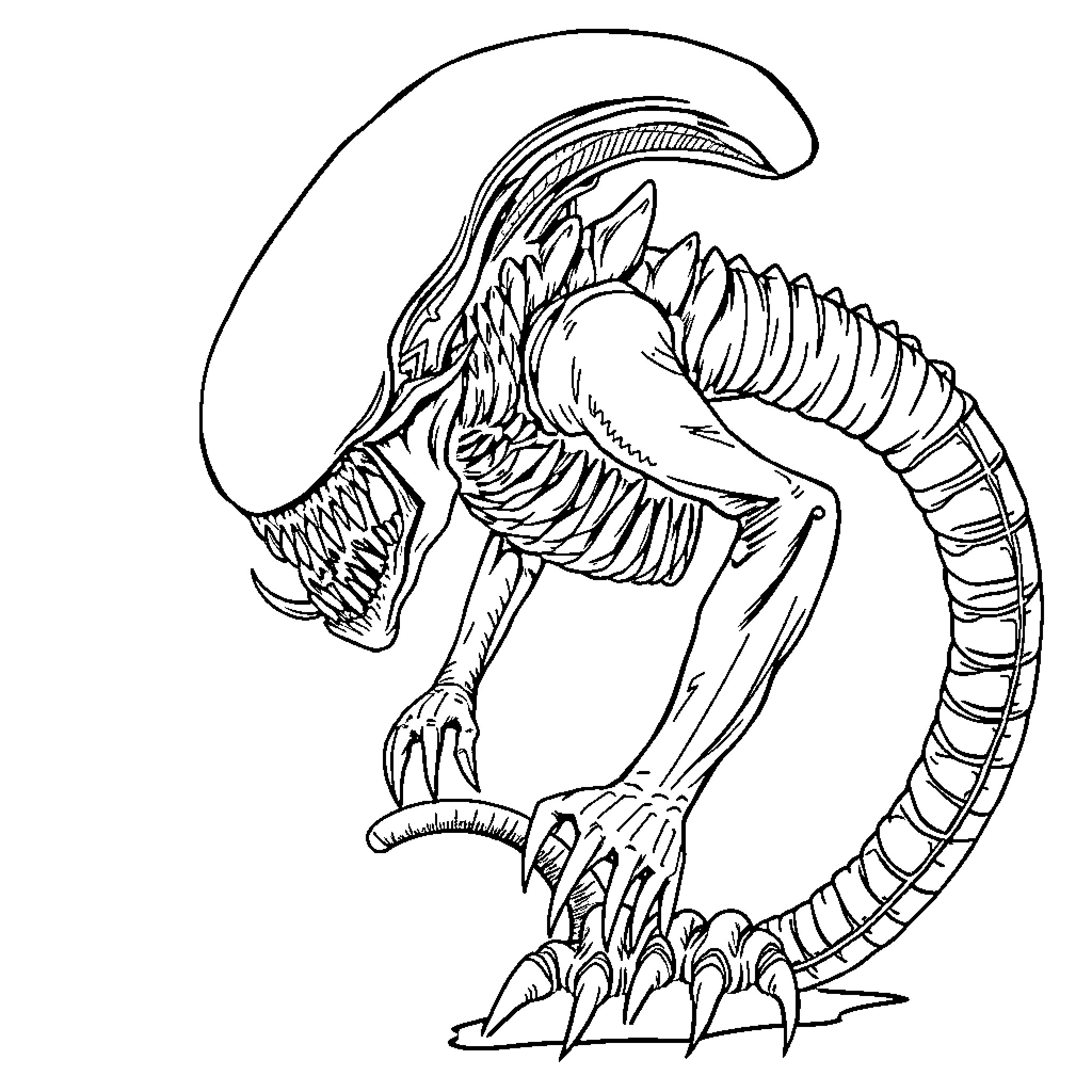 Alien skeletal creature in attack stance Coloring Page (free black-and-white line drawing printable PDF for all, from beginners to advanced learners, including children, teens, adults, and seniors)