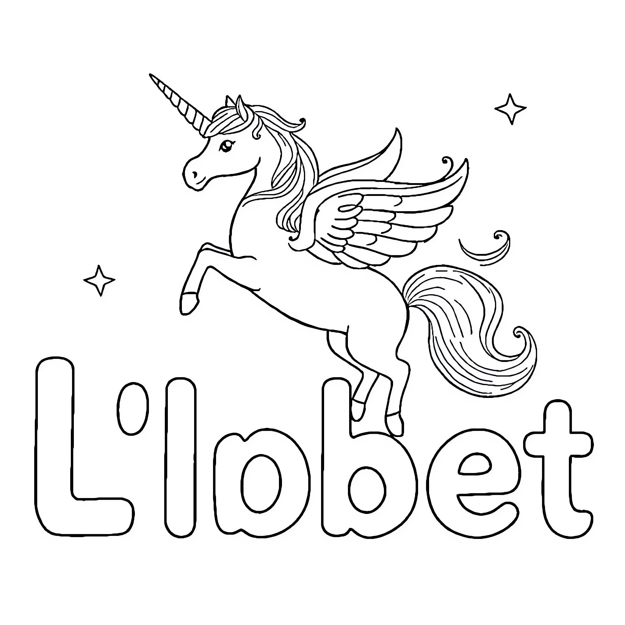 Unicorn flying gracefully with wings in the stars Coloring Page (free black-and-white line drawing printable PDF for all, from beginners to advanced learners, including children, teens, adults, and seniors)