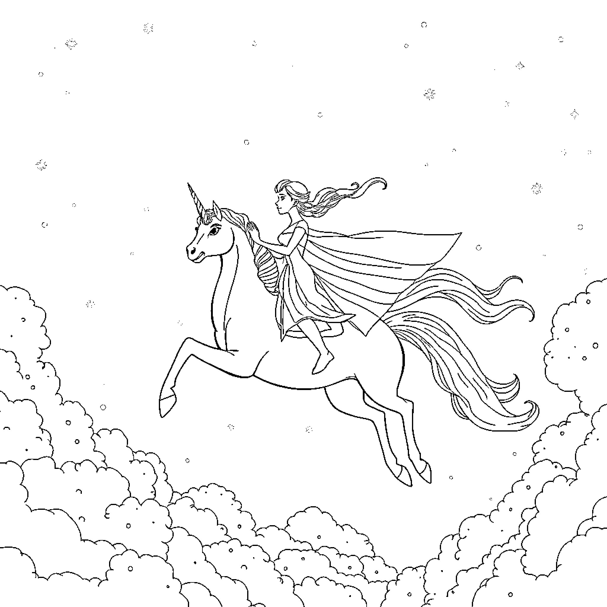 Elsa riding a majestic unicorn through the clouds Coloring Page (free black-and-white line drawing printable PDF for all, from beginners to advanced learners, including children, teens, adults, and seniors)