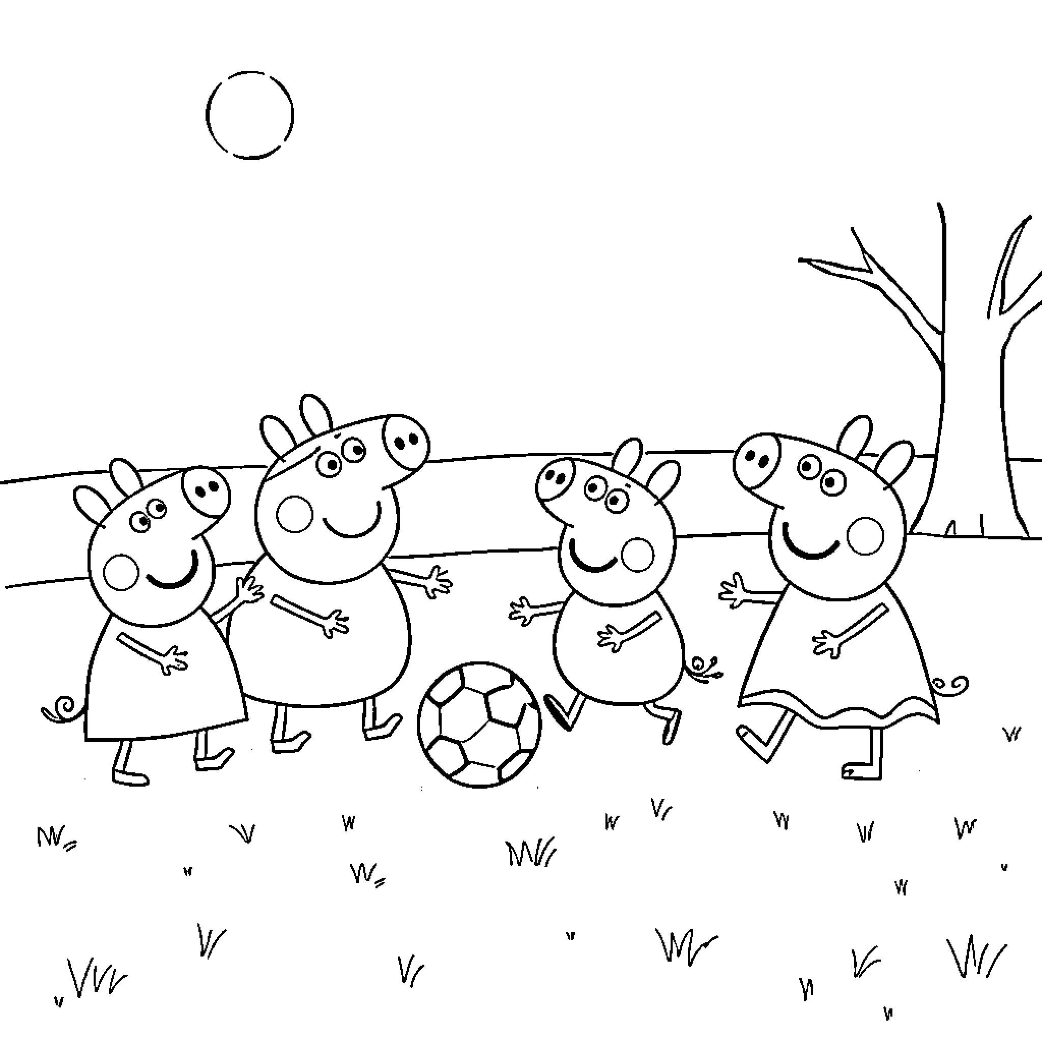 Peppa Pig and family playing soccer outdoors Coloring Page (free black-and-white line drawing printable PDF for all, from beginners to advanced learners, including children, teens, adults, and seniors)
