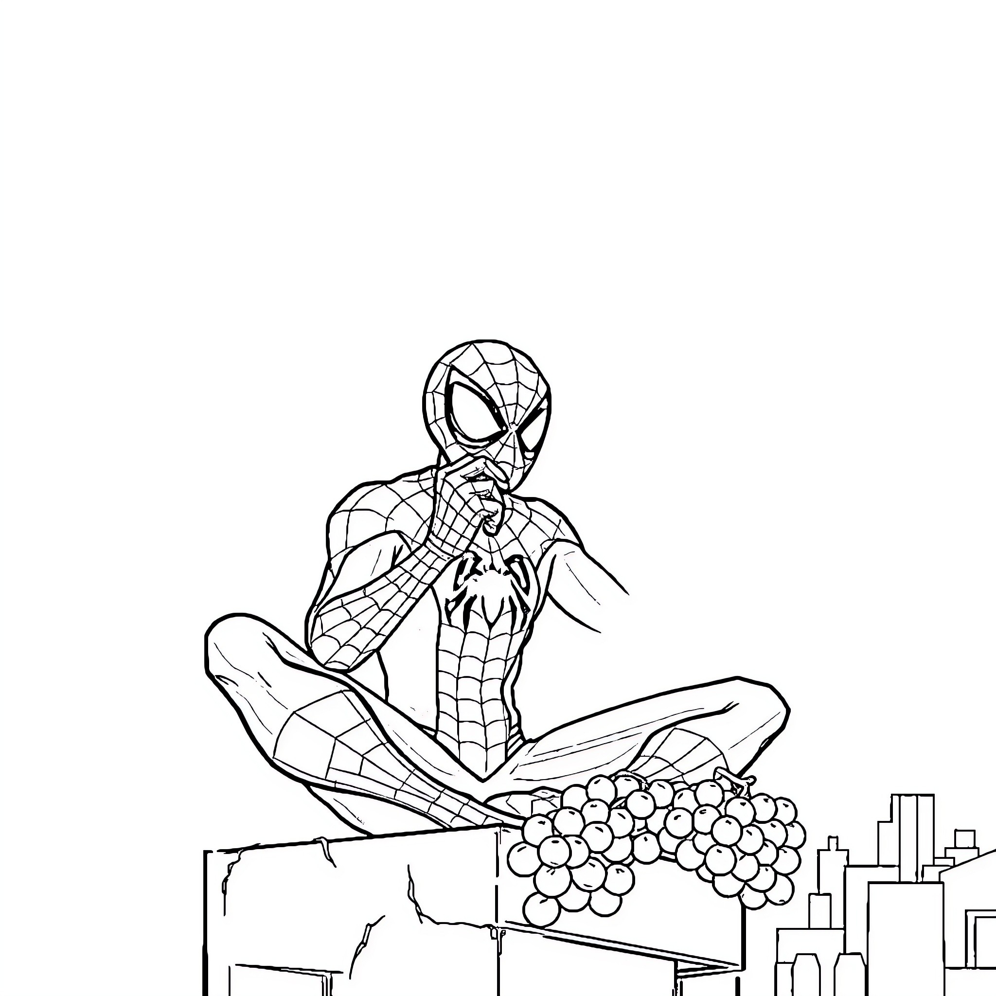 Spider-Man sitting on a ledge with city skyline Coloring Page (free black-and-white line drawing printable PDF for all, from beginners to advanced learners, including children, teens, adults, and seniors)