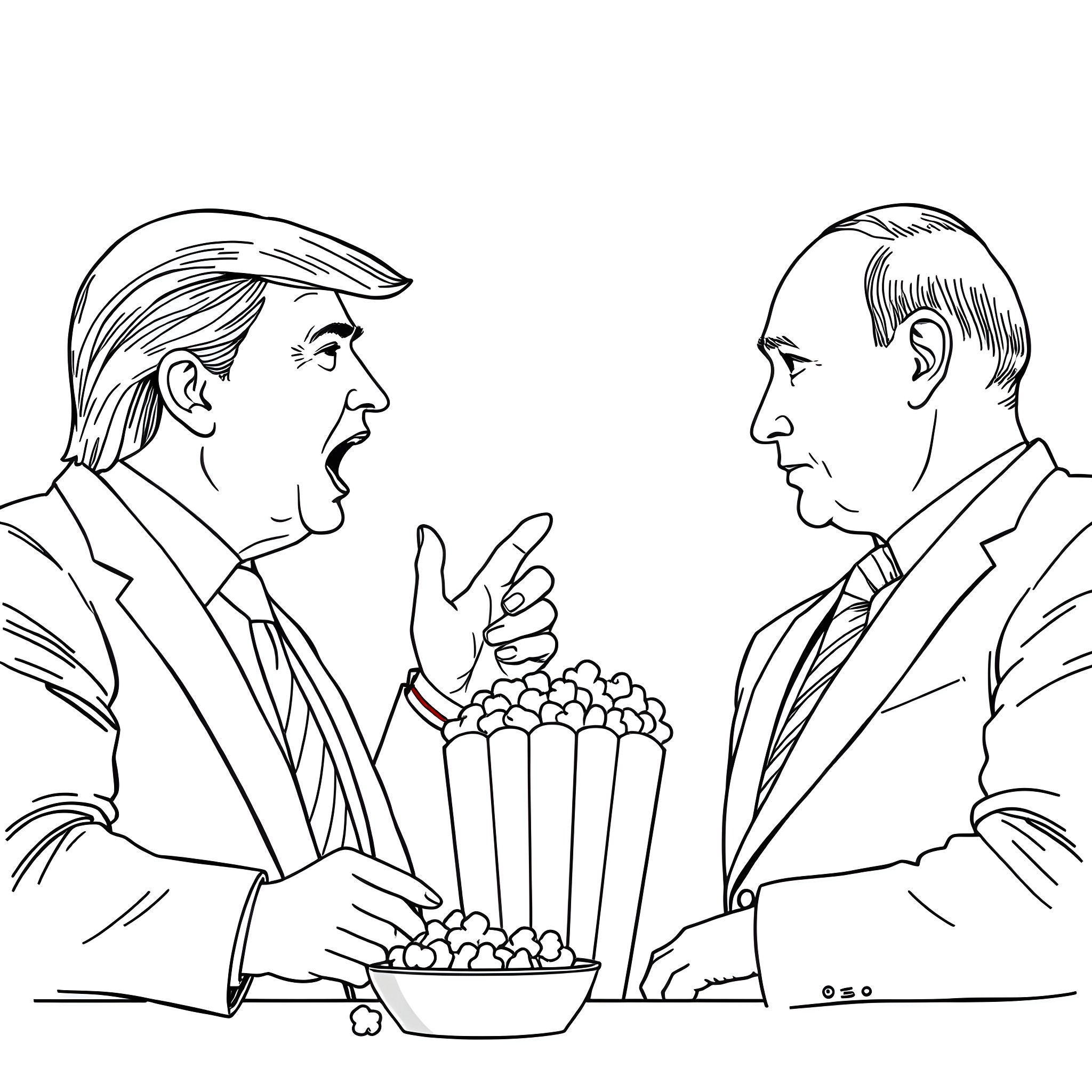 Donald Trump and Vladimir Putin Exchanging Popcorn Coloring Page (free black-and-white line drawing printable PDF for all, from beginners to advanced learners, including children, teens, adults, and seniors)