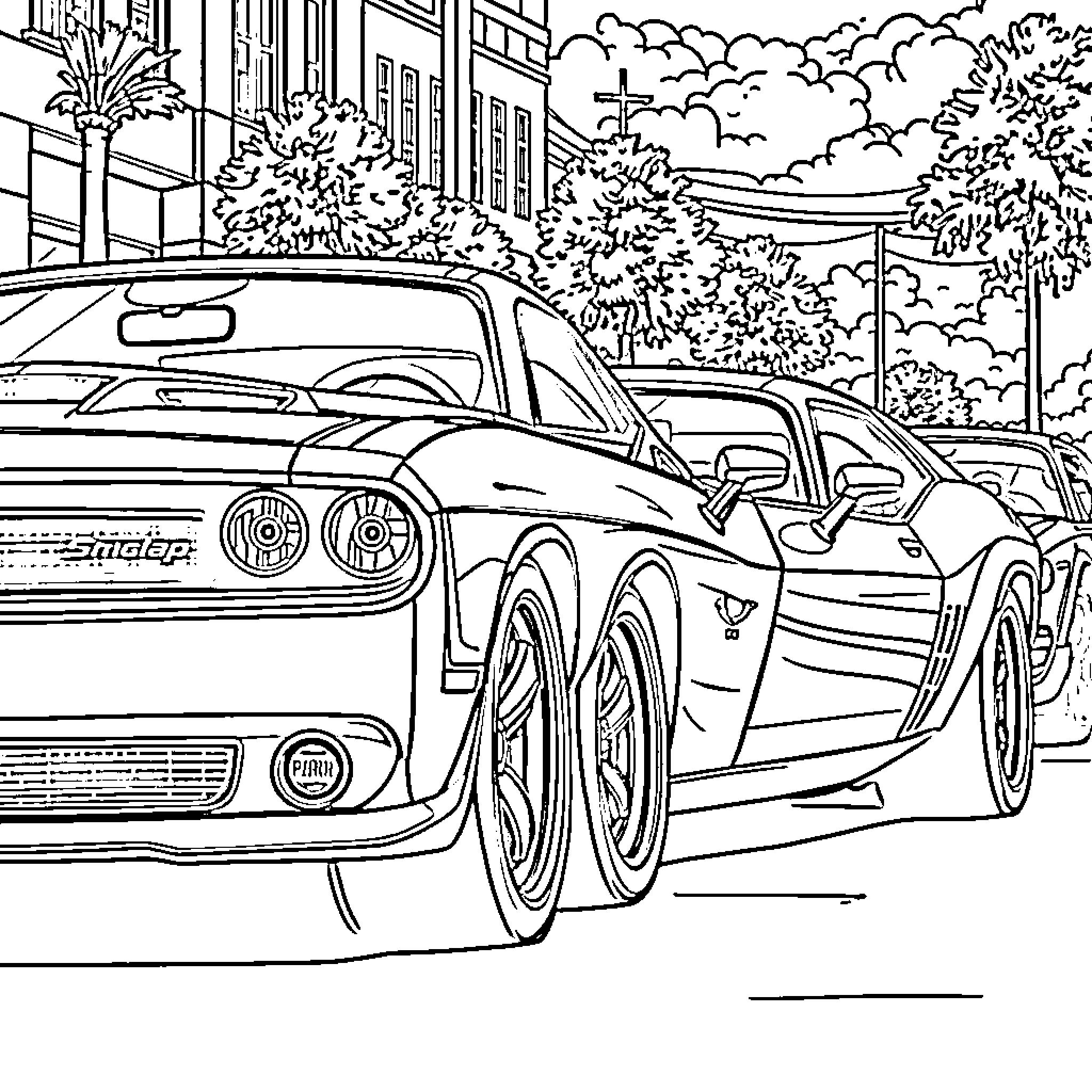 Muscle Car Street Scene Coloring Page (free black-and-white line drawing printable PDF for all, from beginners to advanced learners, including children, teens, adults, and seniors)
