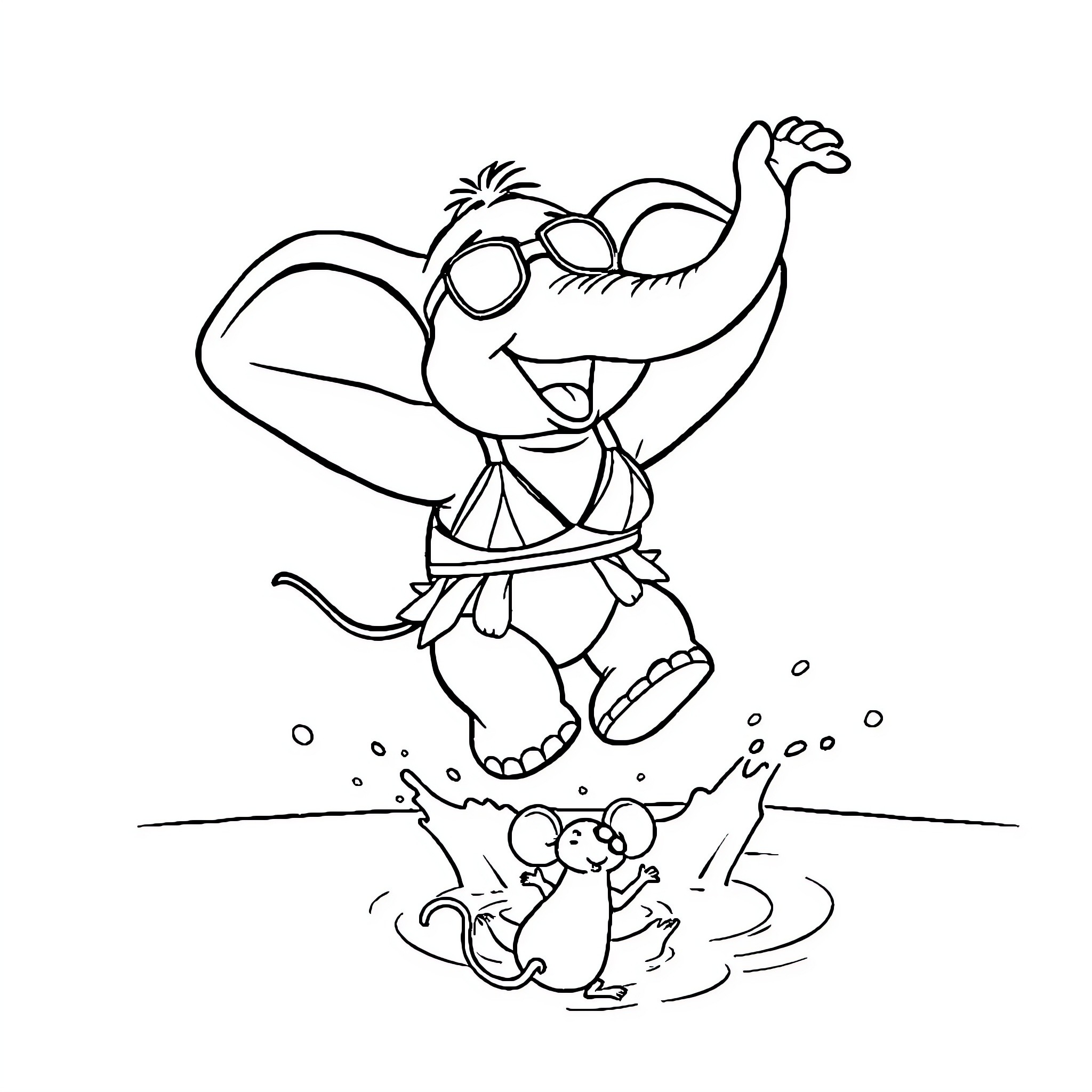 Elephant playing joyfully with small animal Coloring Page (free black-and-white line drawing printable PDF for all, from beginners to advanced learners, including children, teens, adults, and seniors)