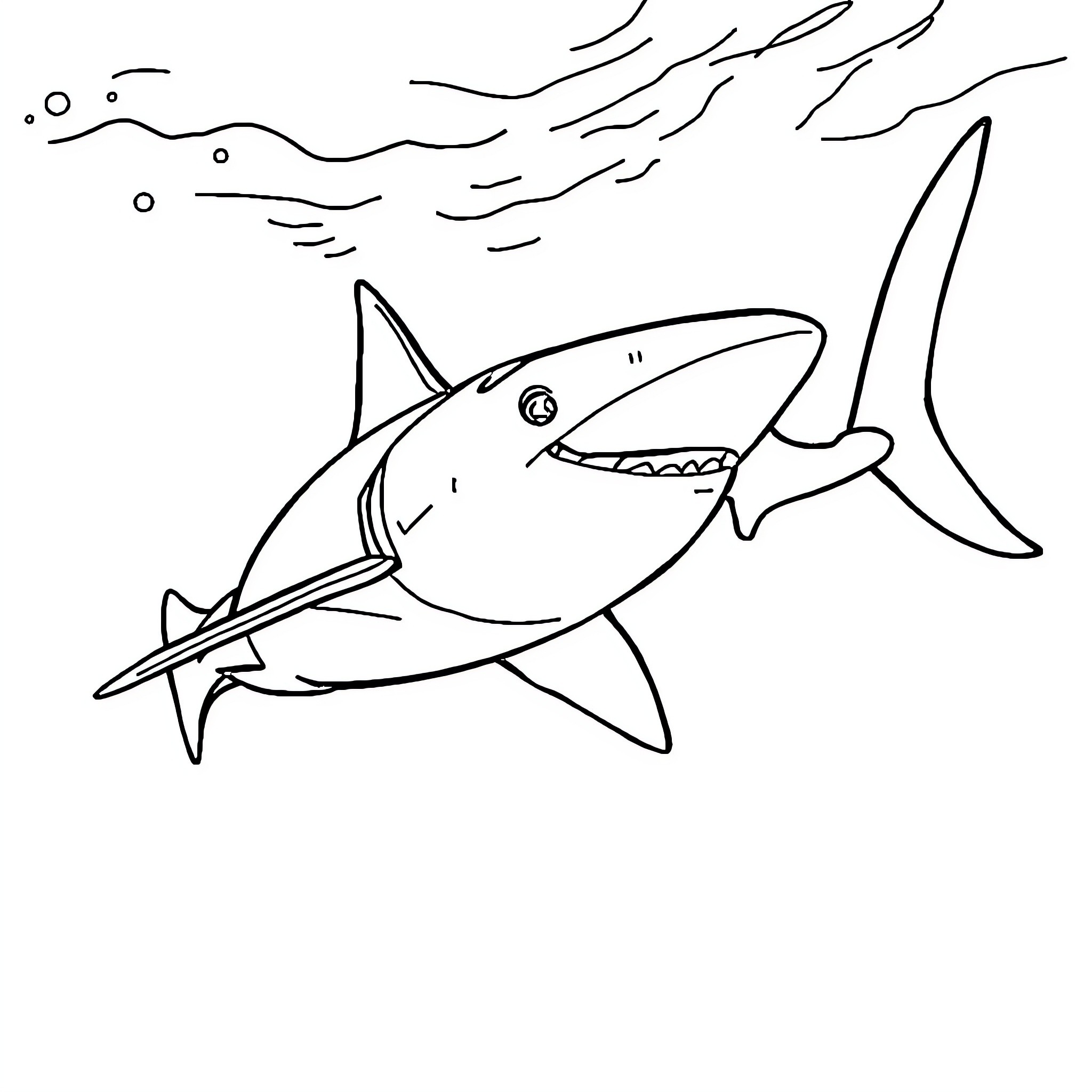 Shark chasing prey in the ocean Coloring Page (free black-and-white line drawing printable PDF for all, from beginners to advanced learners, including children, teens, adults, and seniors)