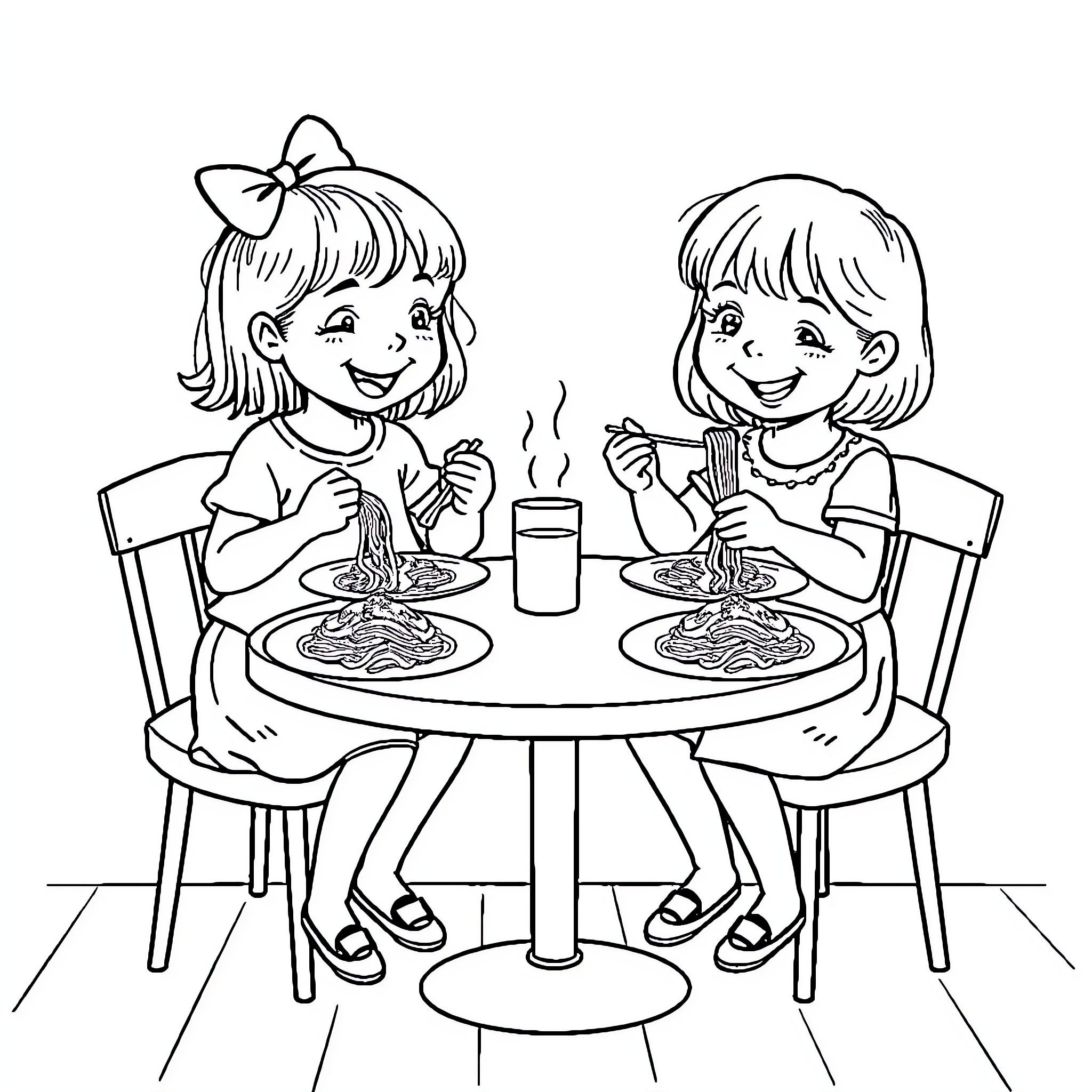 Girls Enjoying a Meal Together Coloring Page (free black-and-white line drawing printable PDF for all, from beginners to advanced learners, including children, teens, adults, and seniors)
