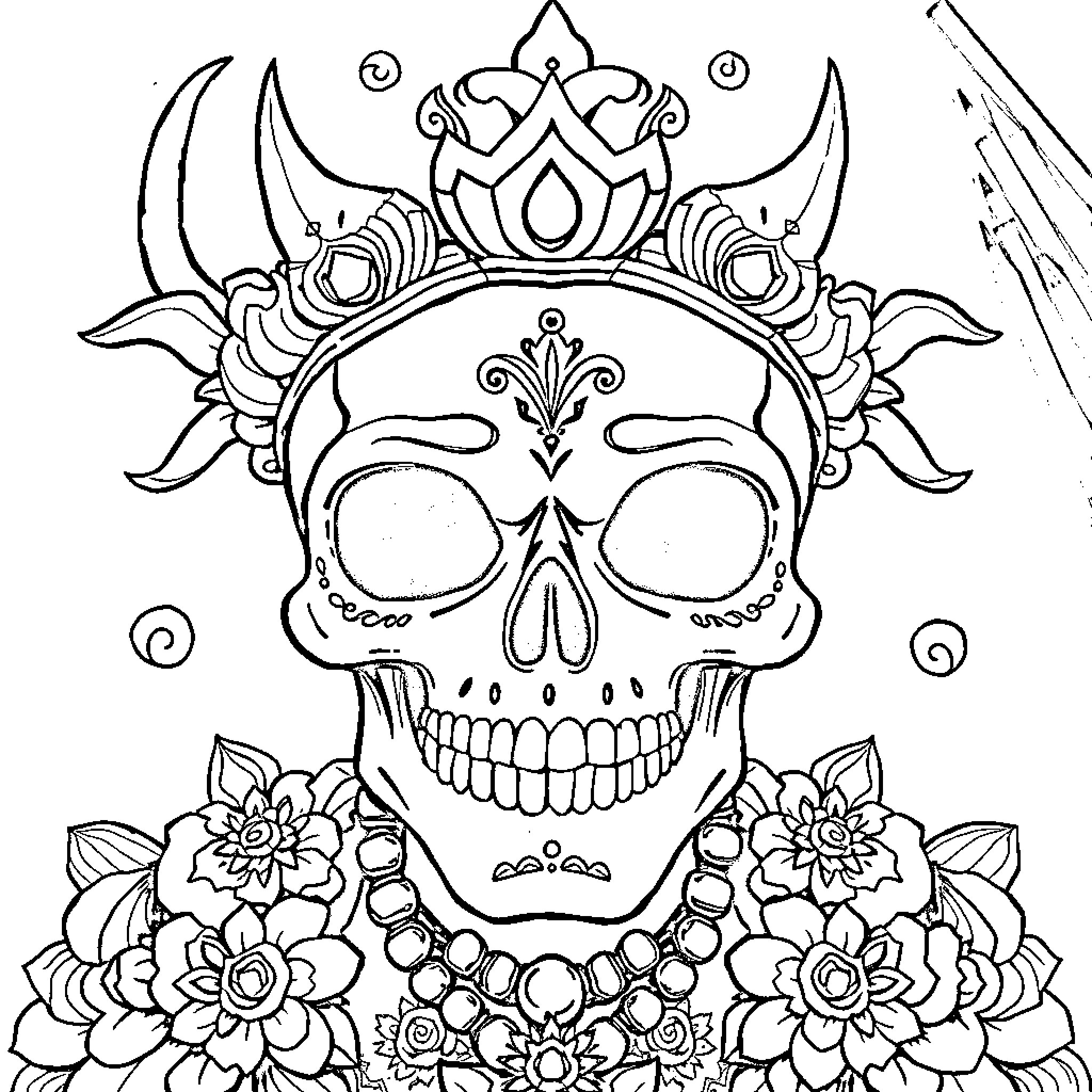 Dagny's Regal Skull Adornment Coloring Page (free black-and-white line drawing printable PDF for all, from beginners to advanced learners, including children, teens, adults, and seniors)