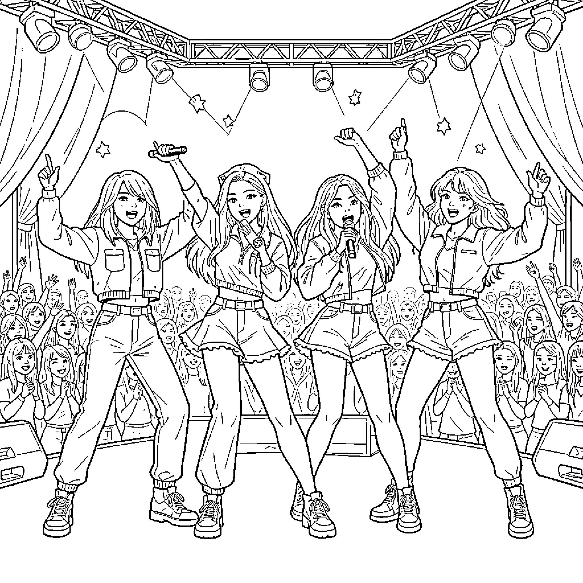 Aespa members performing energetically on stage for fans Coloring Page (free black-and-white line drawing printable PDF for all, from beginners to advanced learners, including children, teens, adults, and seniors)