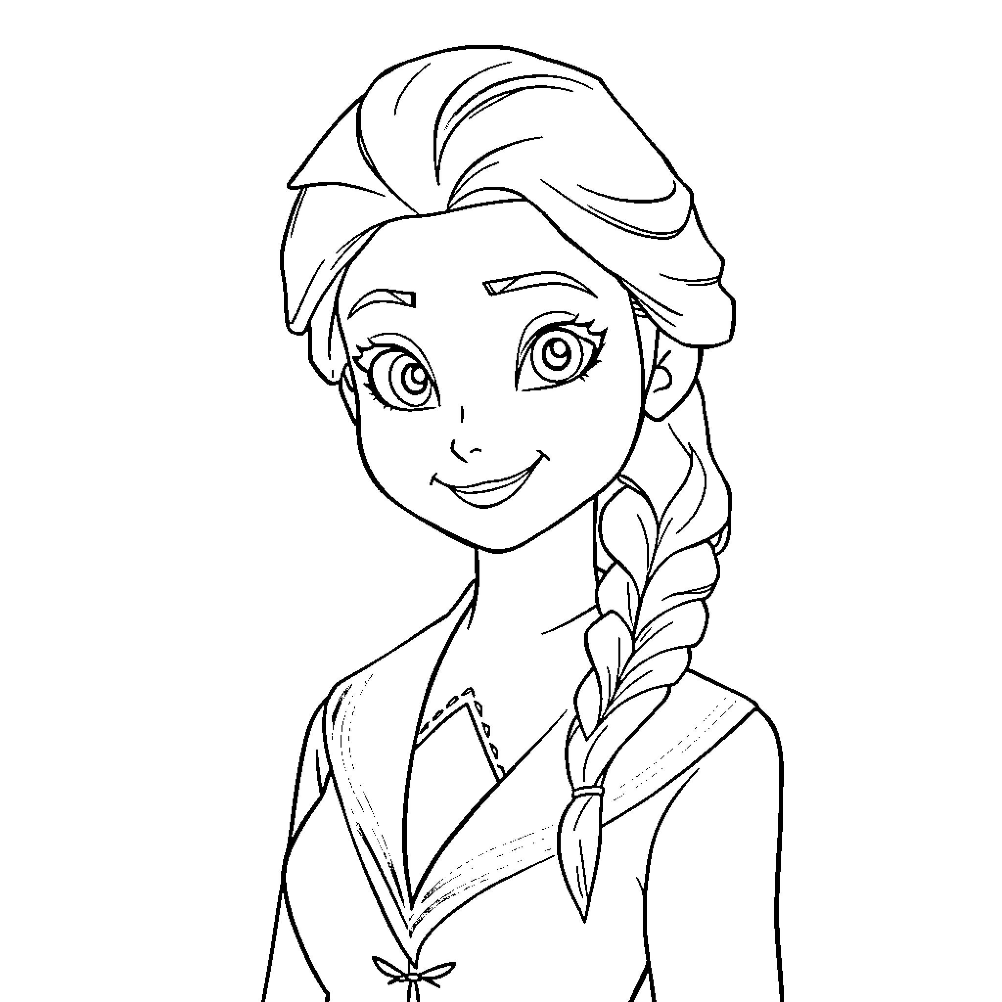Elsa smiling and braiding her hair Coloring Page (free black-and-white line drawing printable PDF for all, from beginners to advanced learners, including children, teens, adults, and seniors)