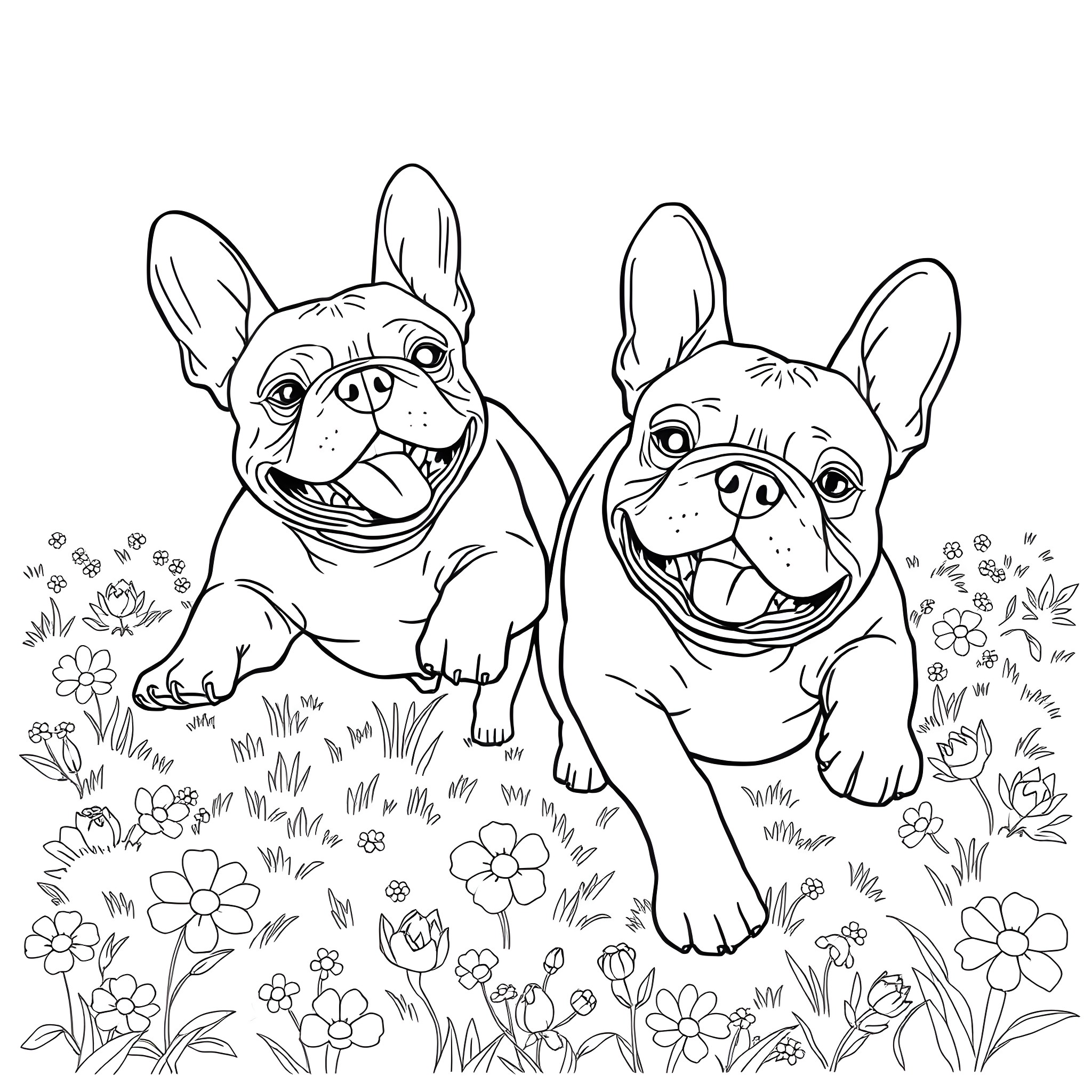Bulldog pals playing in a floral meadow Coloring Page (free black-and-white line drawing printable PDF for all, from beginners to advanced learners, including children, teens, adults, and seniors)