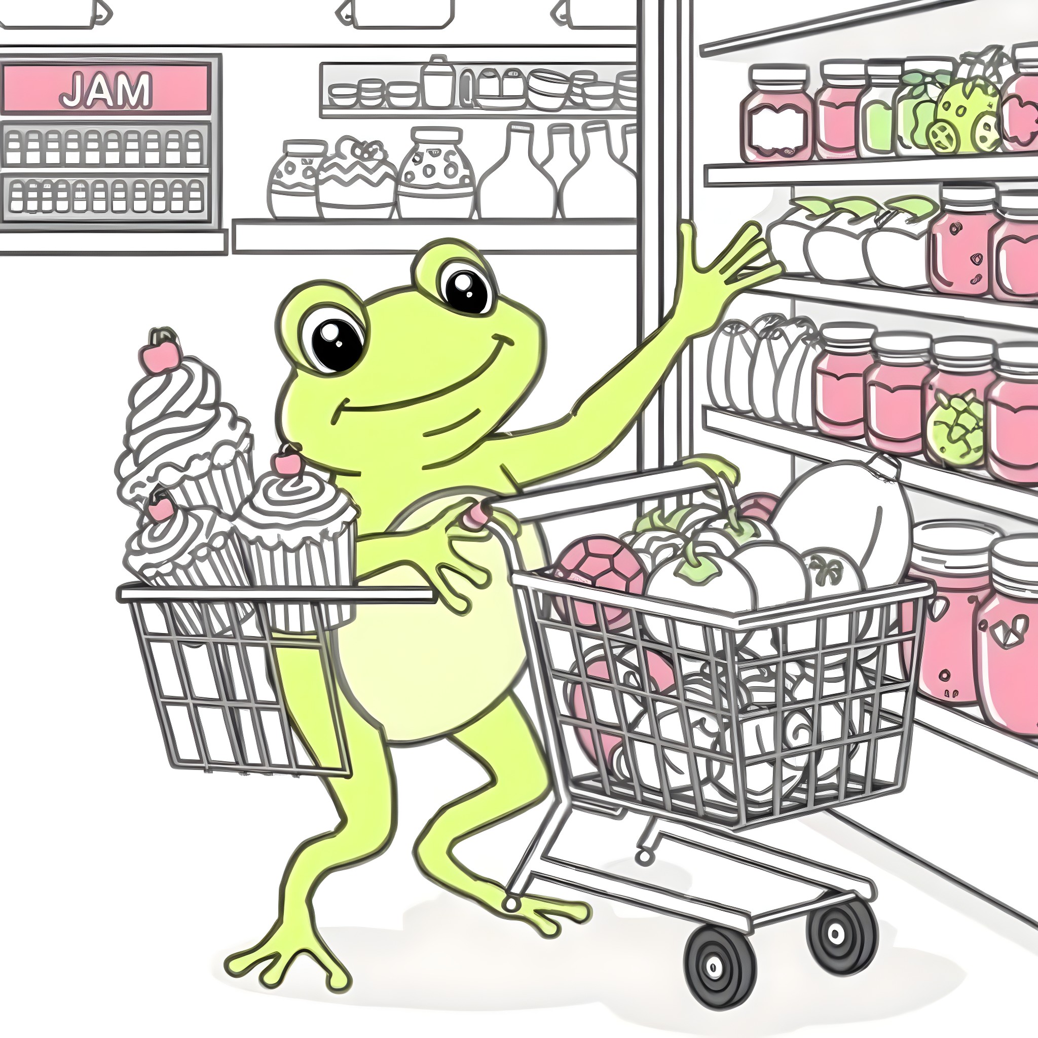 Frog shopping happily in the grocery store Coloring Page (free black-and-white line drawing printable PDF for all, from beginners to advanced learners, including children, teens, adults, and seniors)