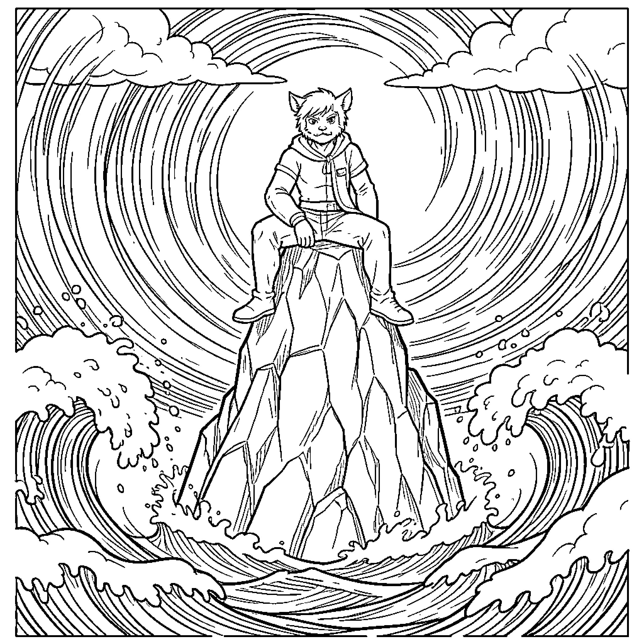 Nix sitting calmly atop a rocky mountain peak Coloring Page (free black-and-white line drawing printable PDF for all, from beginners to advanced learners, including children, teens, adults, and seniors)