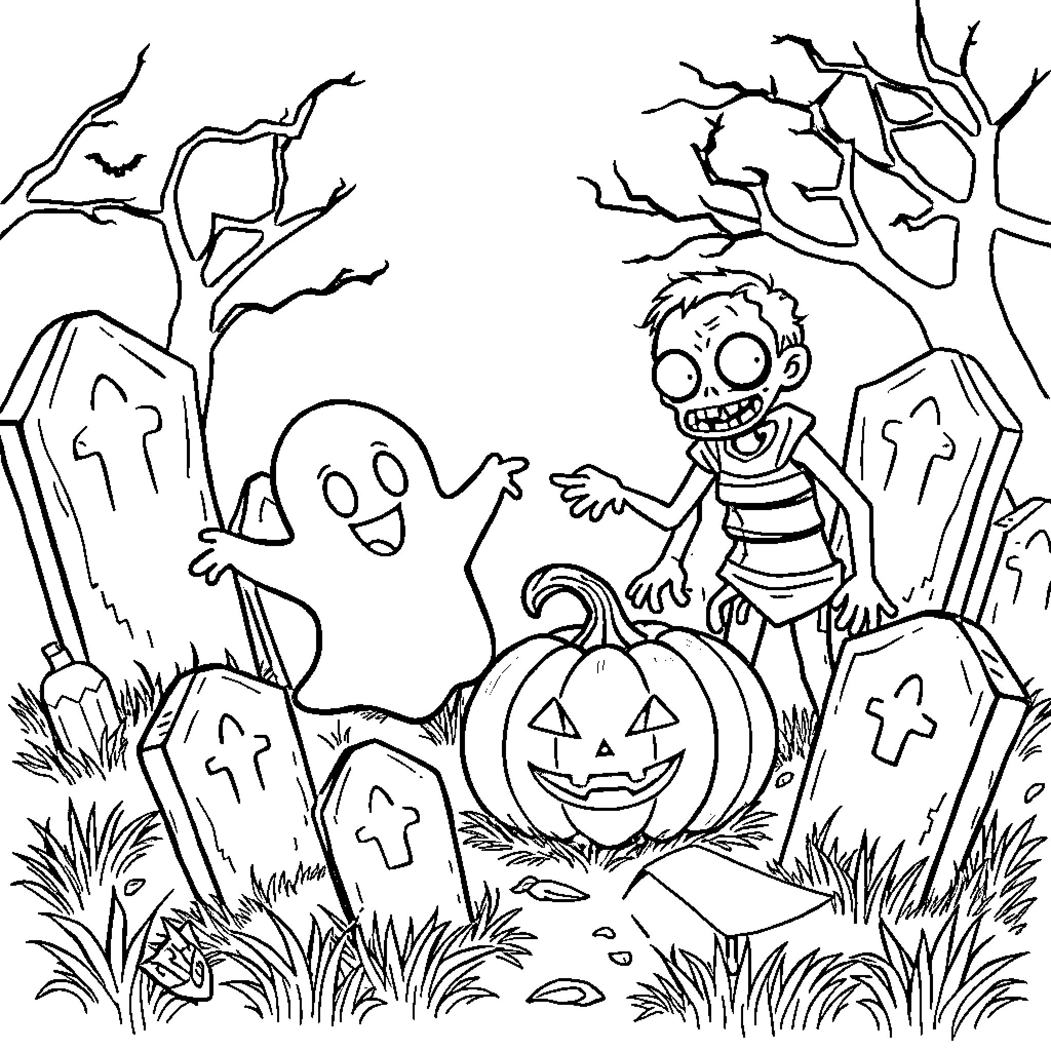 Halloween Night with Trick-or-Treaters and Spooky Decorations Coloring Page (free black-and-white line drawing printable PDF for all, from beginners to advanced learners, including children, teens, adults, and seniors)