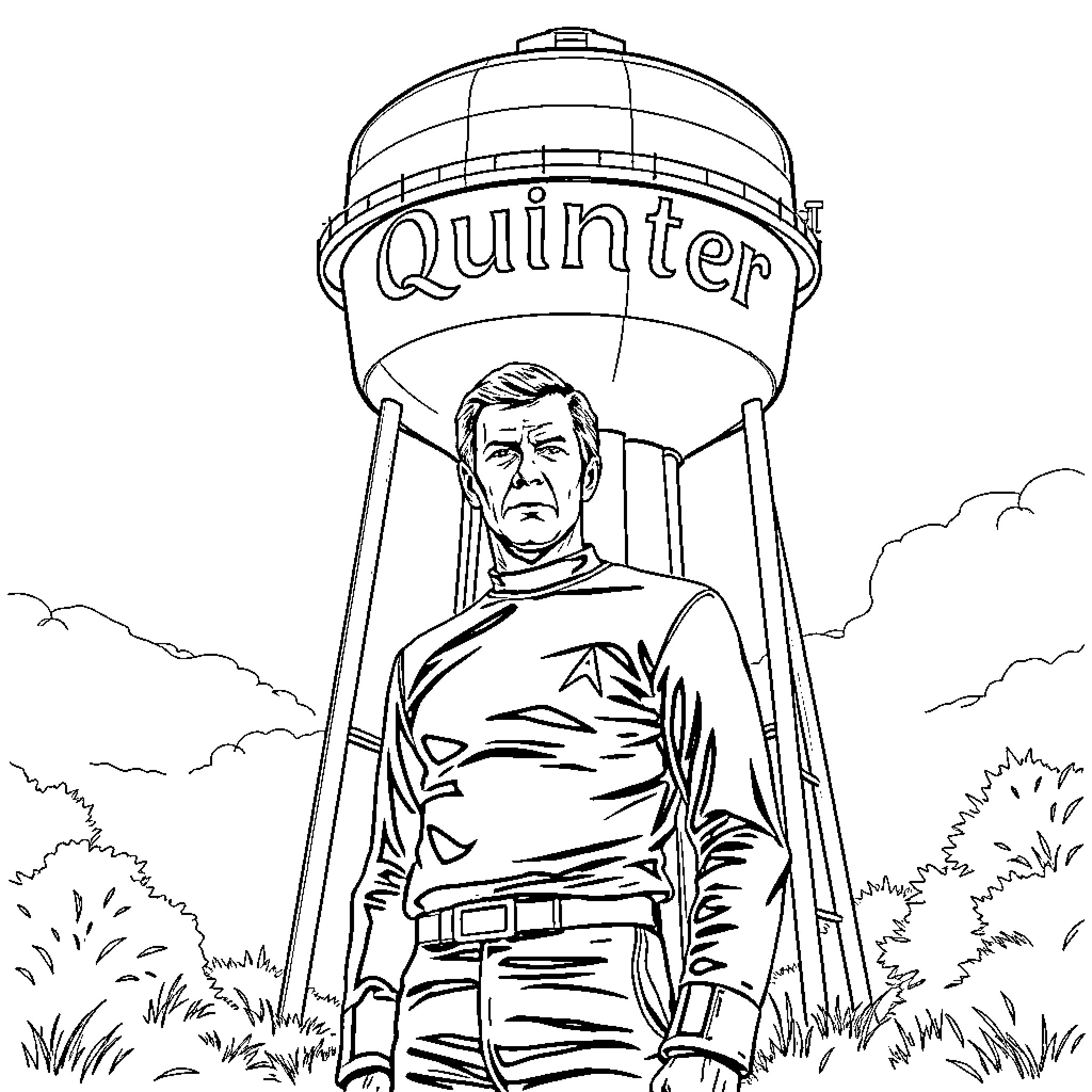 James Kirk standing near the Quinter water tower Coloring Page (free black-and-white line drawing printable PDF for all, from beginners to advanced learners, including children, teens, adults, and seniors)