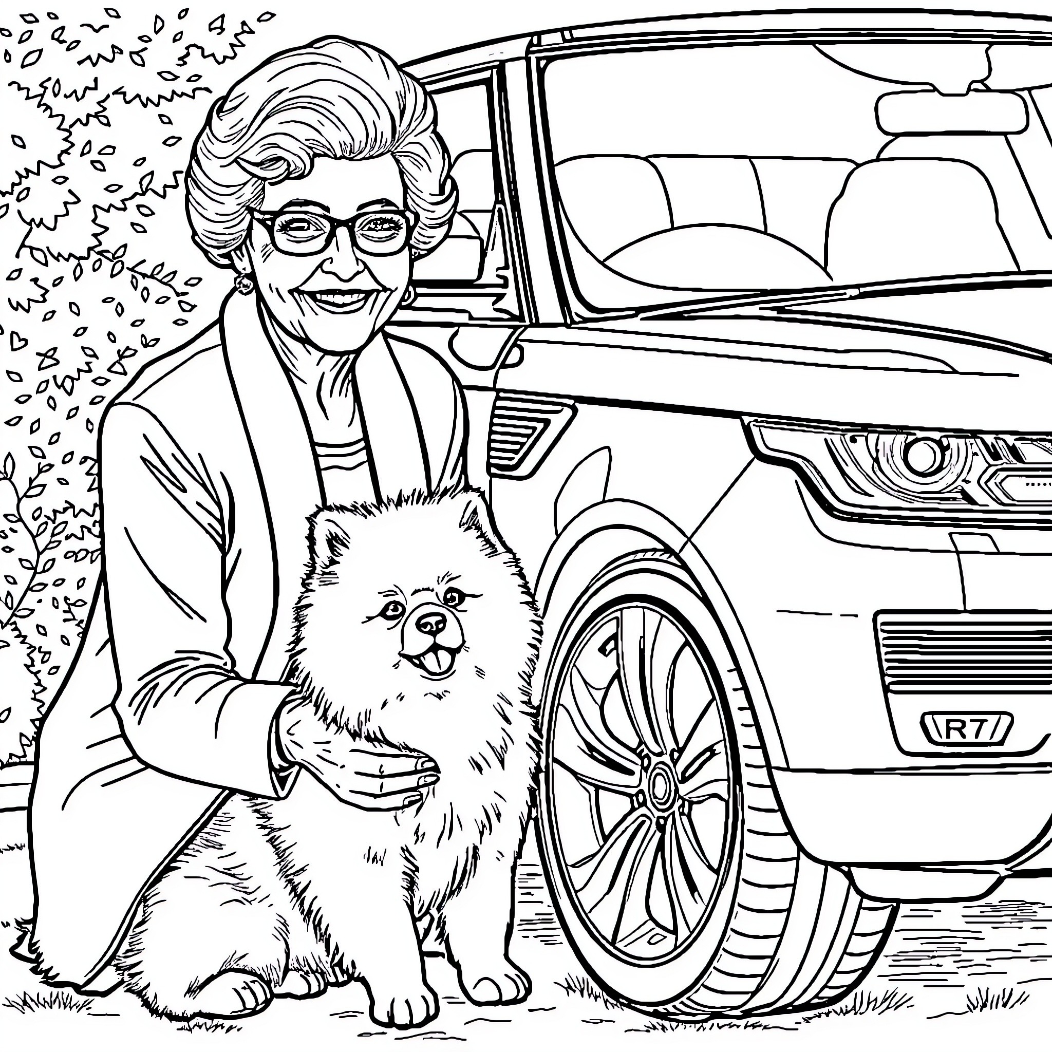 Grandmother and her furry companion by the luxury car Coloring Page (free black-and-white line drawing printable PDF for all, from beginners to advanced learners, including children, teens, adults, and seniors)