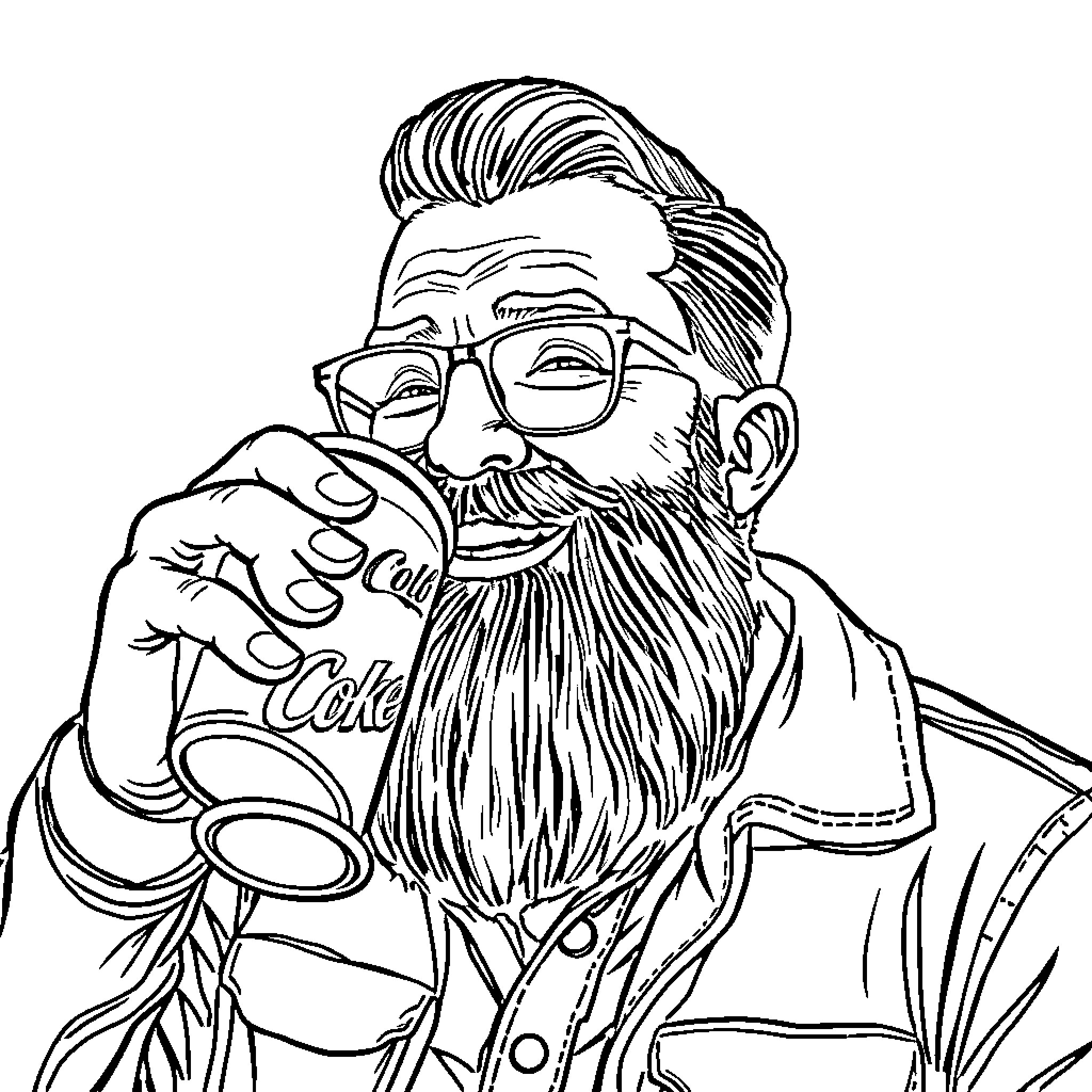 Man with stylish beard and eyeglasses enjoying coffee Coloring Page (free black-and-white line drawing printable PDF for all, from beginners to advanced learners, including children, teens, adults, and seniors)