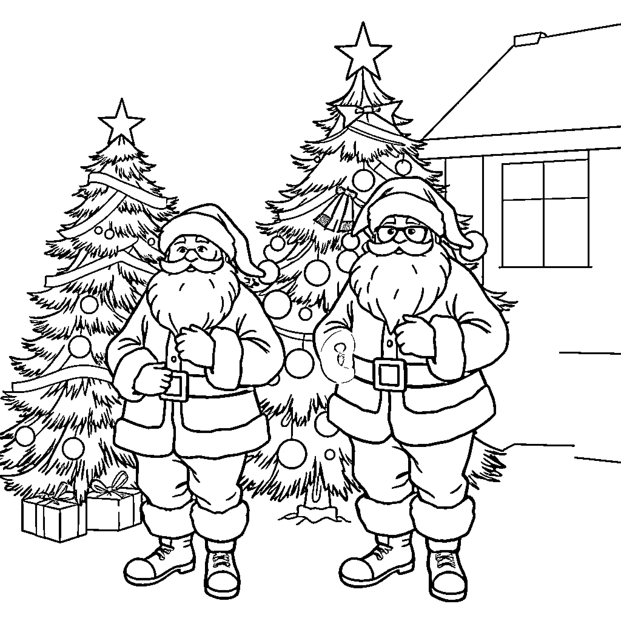 Santa and friends celebrate Christmas in winter wonderland Coloring Page (free black-and-white line drawing printable PDF for all, from beginners to advanced learners, including children, teens, adults, and seniors)