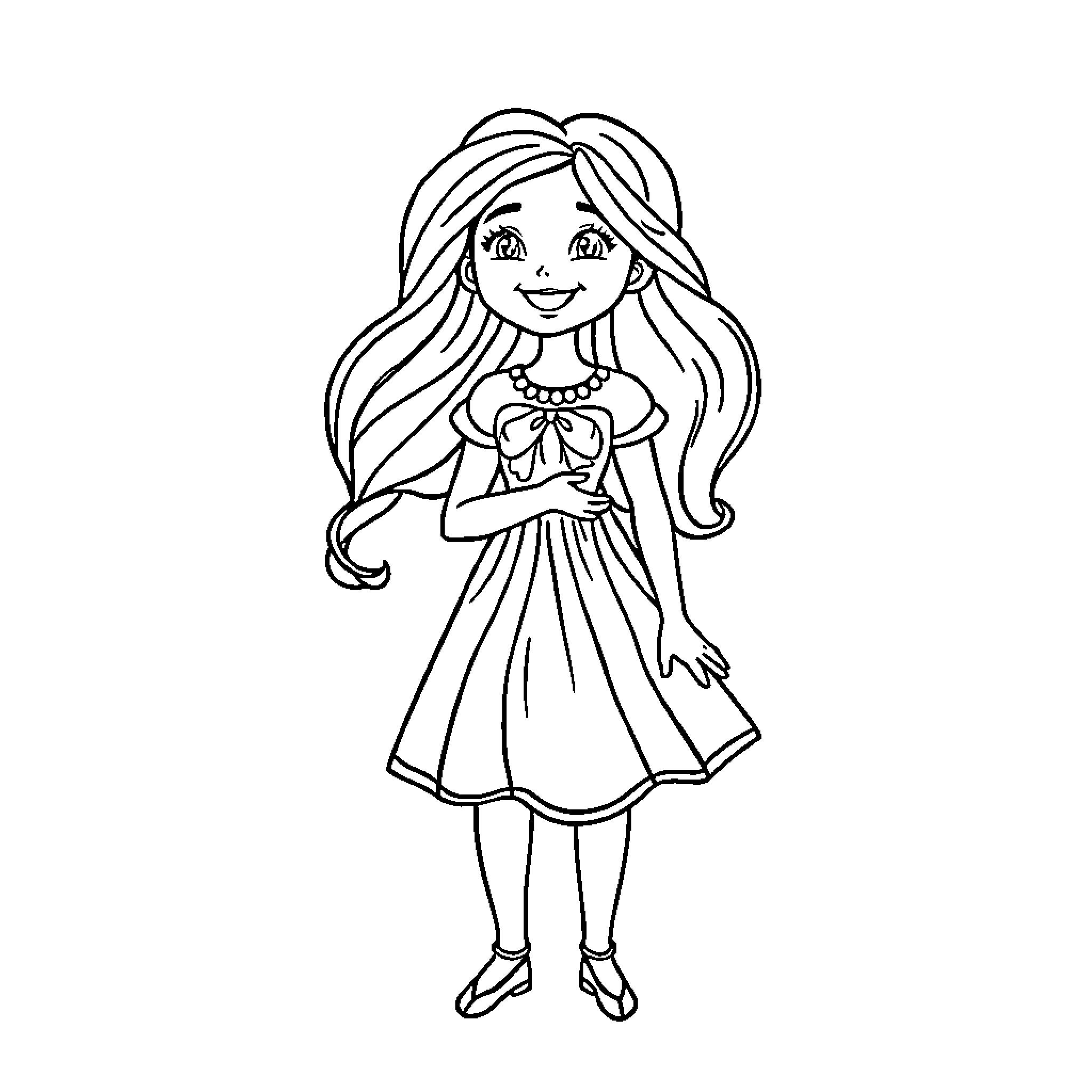 Sarah's Lovely Dress and Cheerful Expression Coloring Page (free black-and-white line drawing printable PDF for all, from beginners to advanced learners, including children, teens, adults, and seniors)