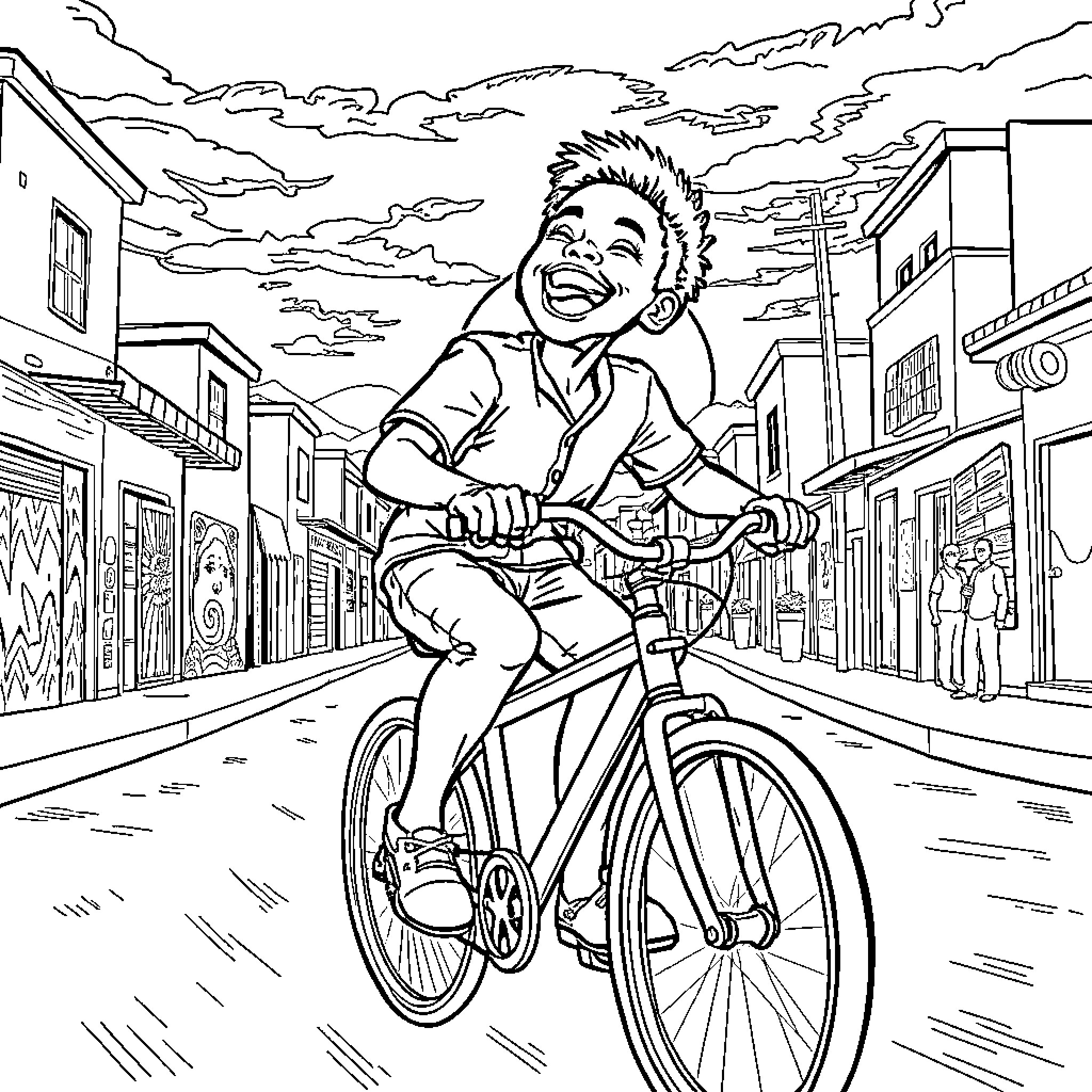 Boy joyfully riding bicycle on city streets Coloring Page (free black-and-white line drawing printable PDF for all, from beginners to advanced learners, including children, teens, adults, and seniors)
