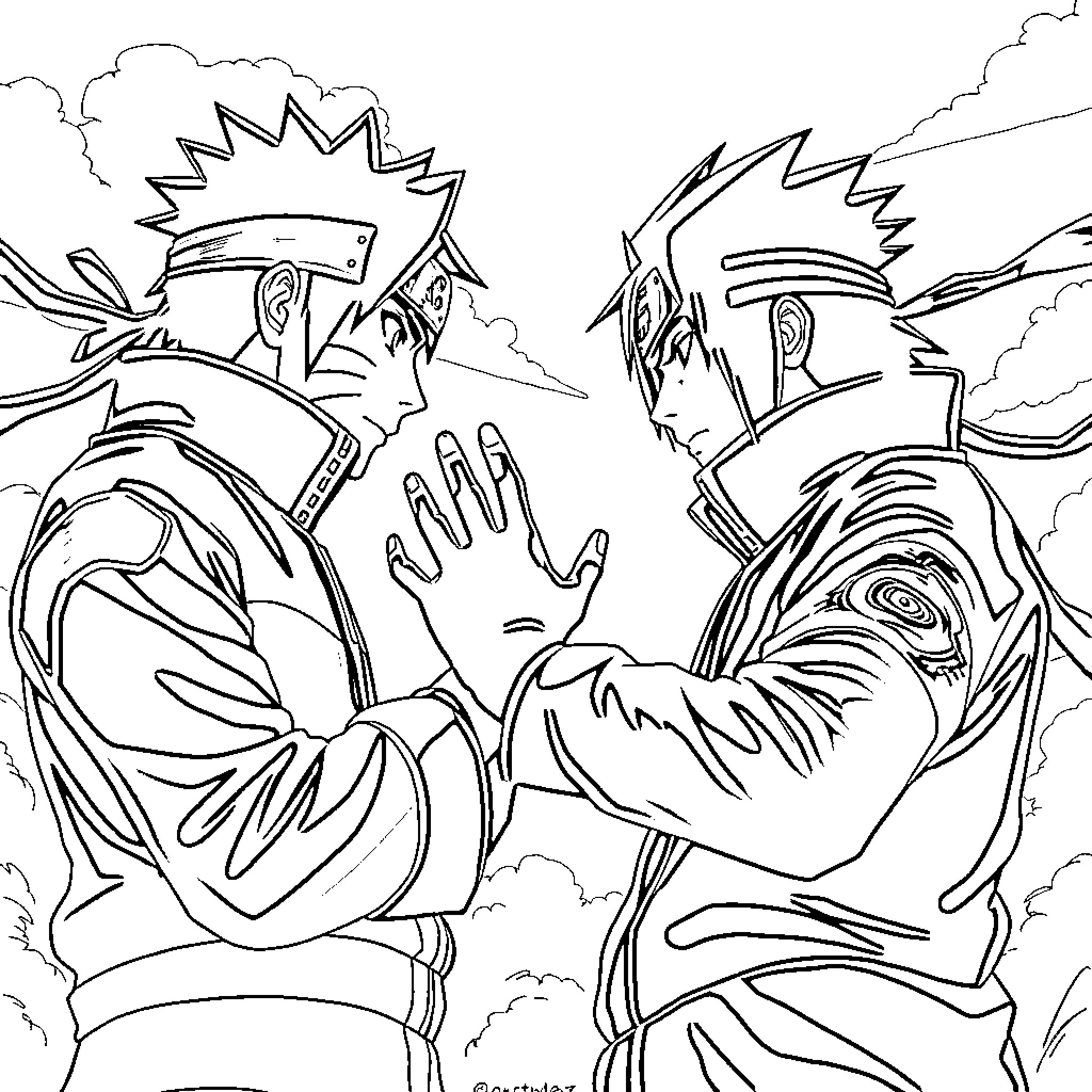 Naruto characters in intense battle scene Coloring Page (free black-and-white line drawing printable PDF for all, from beginners to advanced learners, including children, teens, adults, and seniors)