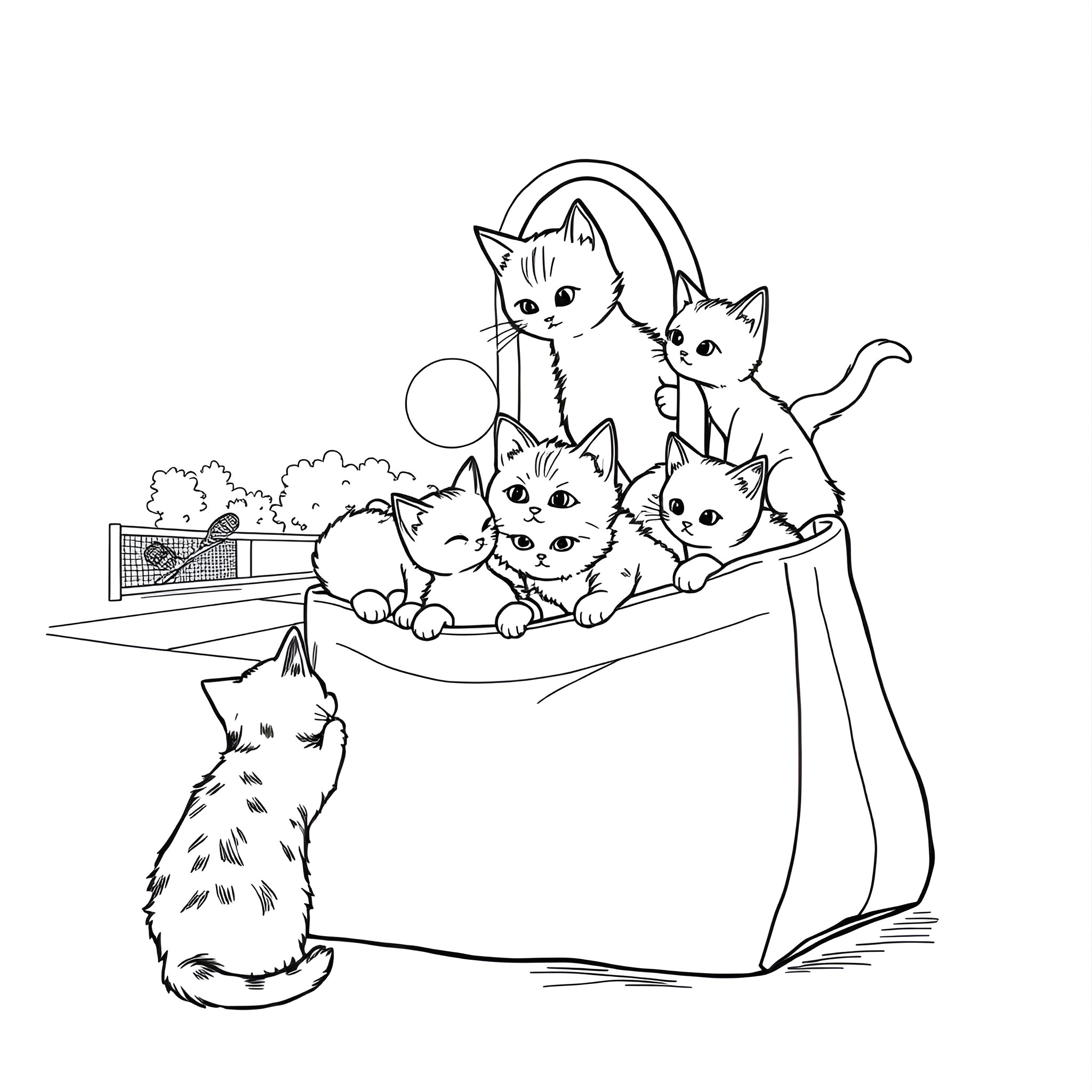 Handbag full of cute kittens playing in the park Coloring Page (free black-and-white line drawing printable PDF for all, from beginners to advanced learners, including children, teens, adults, and seniors)
