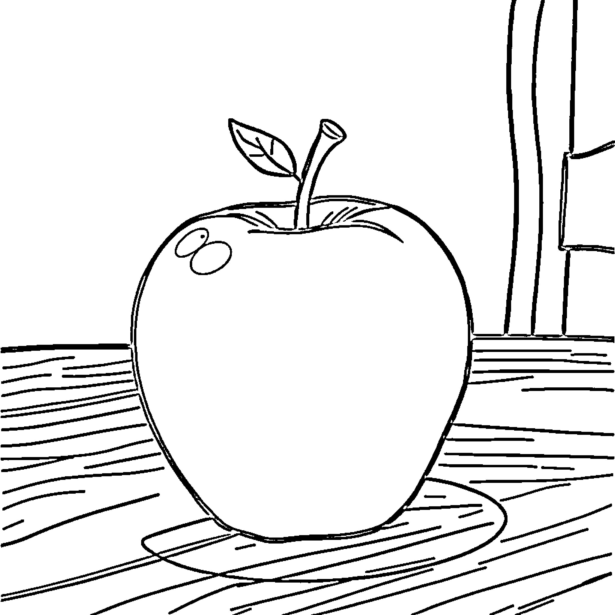 Apple Outline on Wooden Desk Coloring Page (free black-and-white line drawing printable PDF for all, from beginners to advanced learners, including children, teens, adults, and seniors)