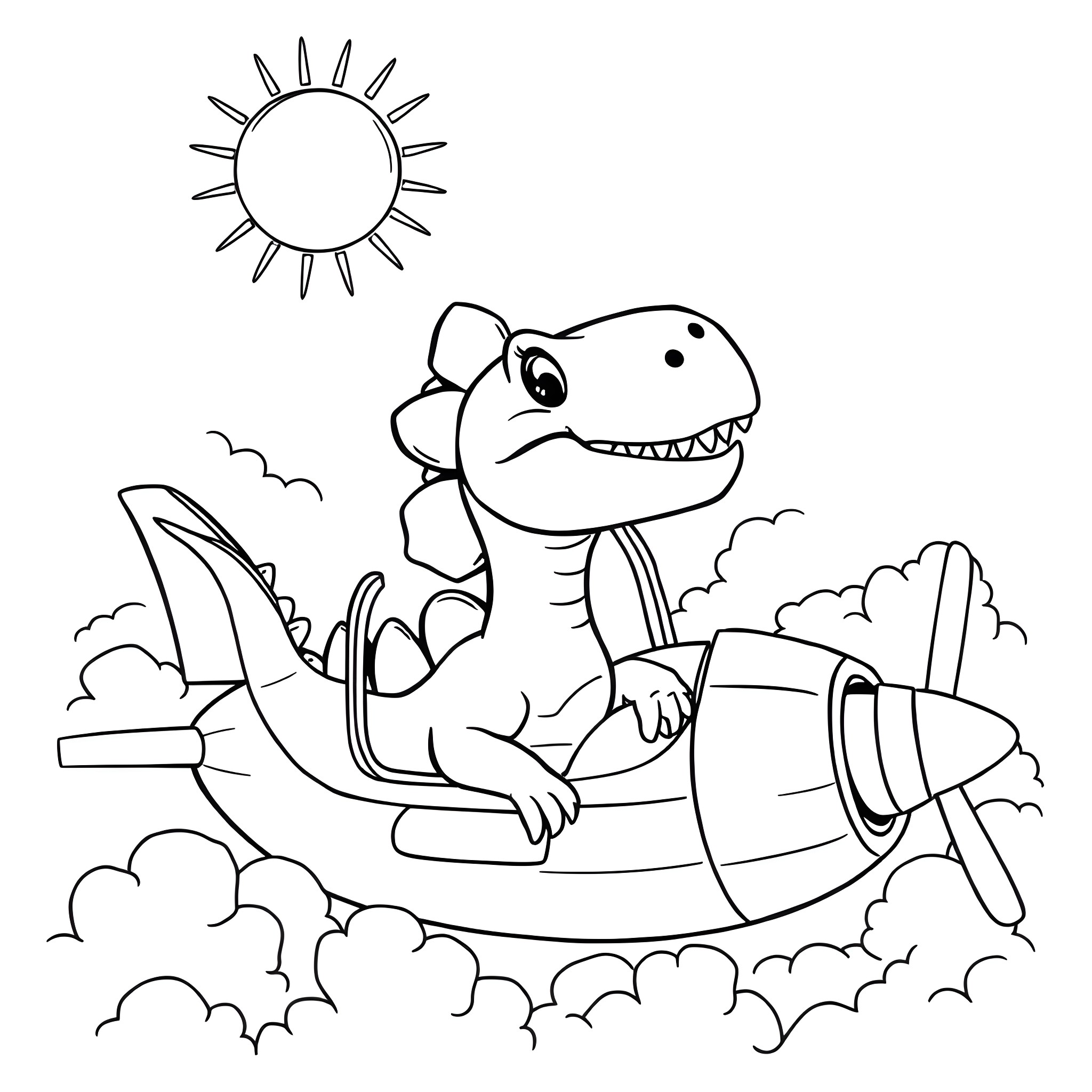 Dino riding rocket ship in the sky Coloring Page (free black-and-white line drawing printable PDF for all, from beginners to advanced learners, including children, teens, adults, and seniors)