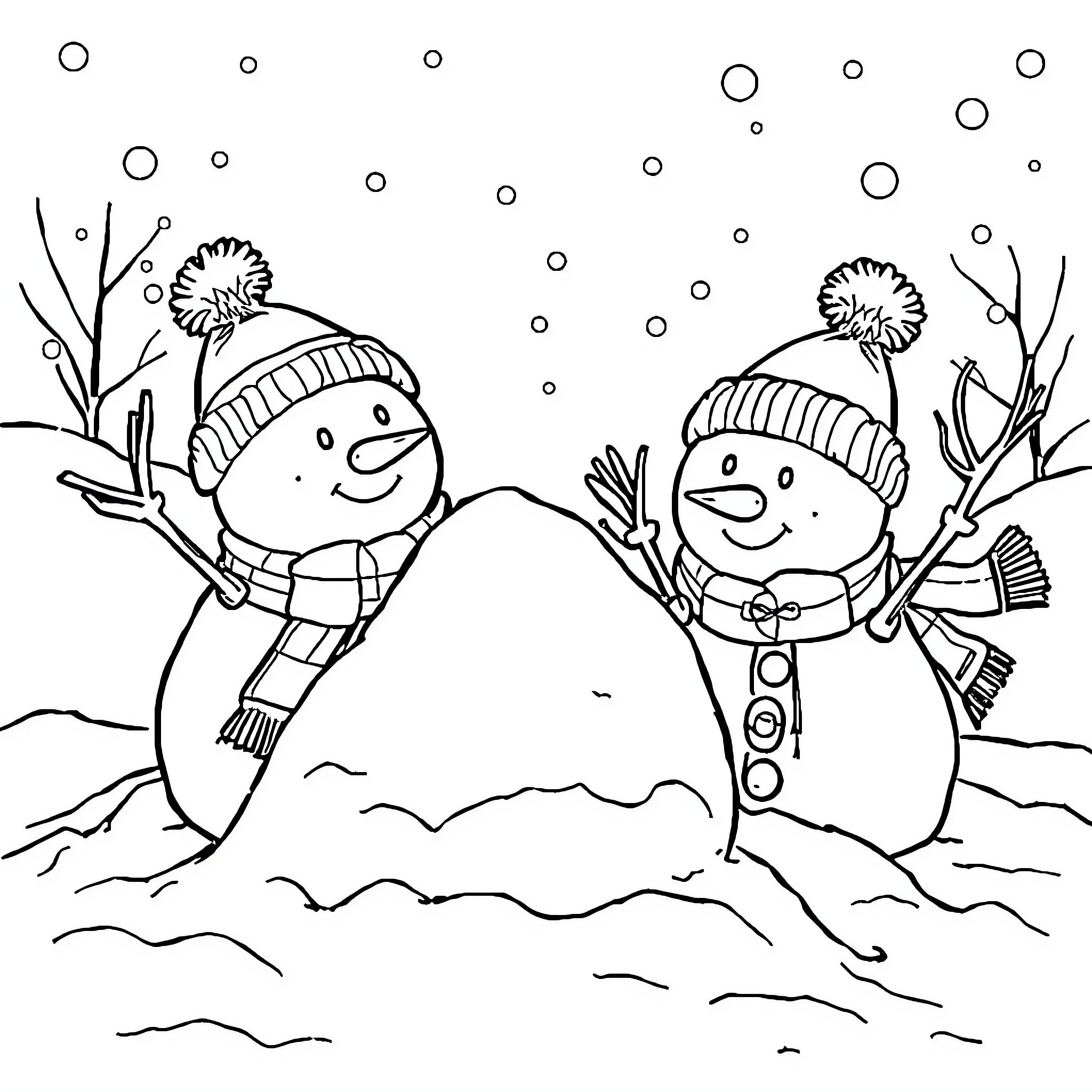 Snowmen enjoying a snowy day Coloring Page (free black-and-white line drawing printable PDF for all, from beginners to advanced learners, including children, teens, adults, and seniors)