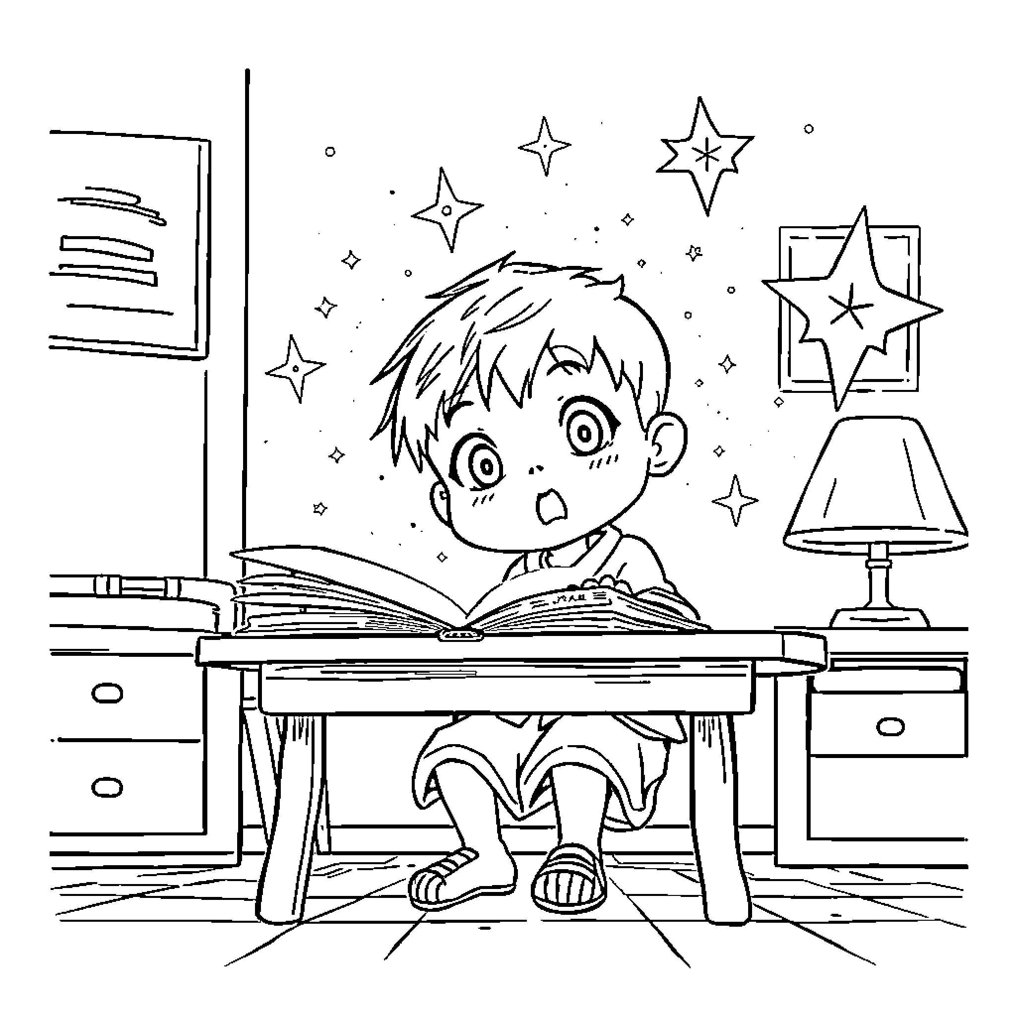 Boy amazed by the magic of reading Coloring Page (free black-and-white line drawing printable PDF for all, from beginners to advanced learners, including children, teens, adults, and seniors)