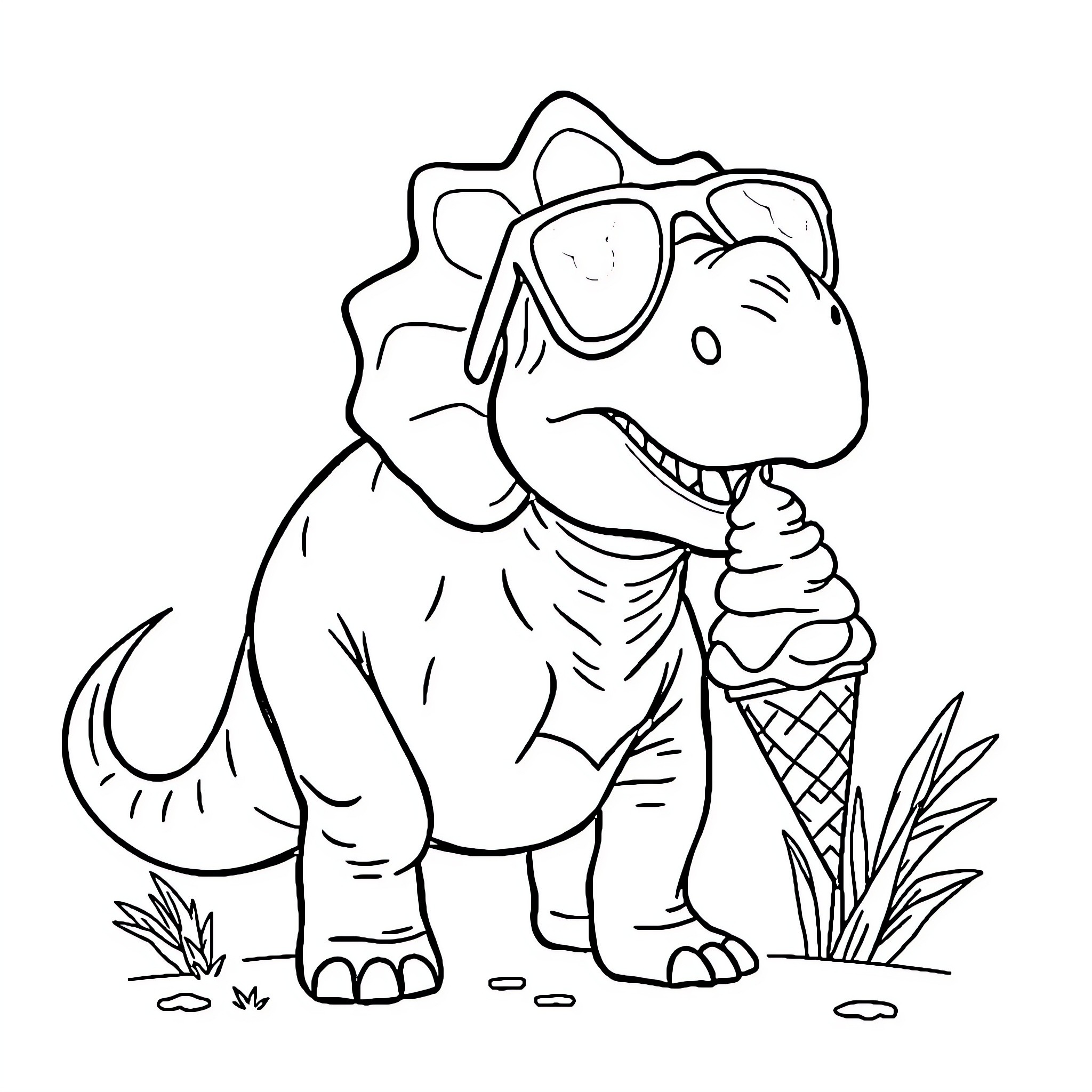 Triceratops enjoying an ice cream cone Coloring Page (free black-and-white line drawing printable PDF for all, from beginners to advanced learners, including children, teens, adults, and seniors)